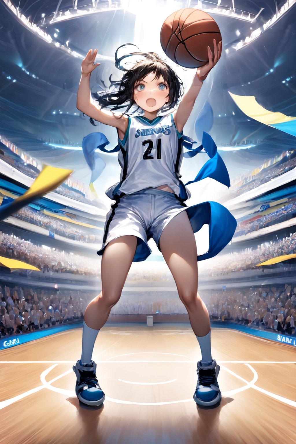 A captivating photo of a female basketball player at the peak of her jump, her arm extended toward the hoop with a focused expression. Her teammates cheer her on from the sidelines, while opponents watch with bated breath. The stadium is filled with a sea of cheering fans, waving banners and flags, creating an electrifying and energetic atmosphere.