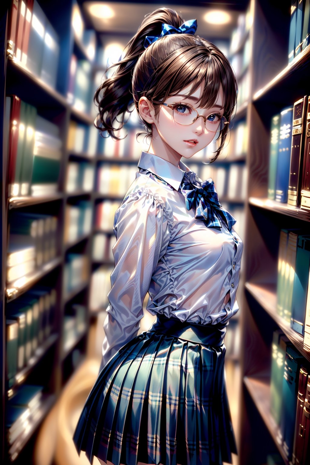 (((1girl:1.3, solo))), (a extremely pretty and beautiful glasses Japanese bitch:1.3), (librarian:1.3), (22years old:1.3), (cowboy shot:1.3), (stading at bookshelf:1.3), (arms behind back between legs:1.3), (at ancient library:1.3), (look the book:1.3), (from side:1.3),
BREAK,
(shiy-brown hair:1.3), (wavy short hair:1.3), (ponytail:1.3), bangs, red eyes, beautiful eyes, princess eyes, Hair between eyes, (big eyes:1.3), (wearing a glasses: 1.3), (slender;1.15), (medium-small breasts:1.25), (thin waist: 1.3), (detailed beautiful girl: 1.4), Parted lips, Red lips, full-make-up face, (shiny skin) , ((Perfect Female Body)), Perfect Anatomy, Perfect Proportions, (most beautiful Korean actress face:1.3, extremely cute and beautiful actress Japanese face:1.3), (4fingers and thumb:1.3), (detailed perfect human hands:1.3 ), (perfect ratio human hands:1.3), 
BREAK,
(wearing a (School Uniforms:1.3), (wear a white collared shirt:1.3, long-sleeve), (blue ribbon bow:1.3), (dark-gey plaid pattern pleats-skirt:1.3), detailed clothes,
BREAK,
(detailed ancient library background:1.3), (book, book shelf. cart, ladder), (dramastic light: 1.3), BREAK, (Realistic, Photorealistic: 1.37), (Masterpiece, Best Quality: 1.2), (Ultra High Resolution : 1.2), (RAW Photo: 1.2), (Sharp Focus: 1.3), (Face Focus: 1.2), (Ultra Detailed CG Unified 8k Wallpaper: 1.2), (Beautiful Skin: 1.2), (Pale Skin: 1.3), (Hyper Sharp Focus: 1.5), (Ultra Sharp Focus: 1.5), (Beautiful pretty face: 1.3), (super detailed background, detail background: 1.3), Ultra Realistic Photo, Hyper Sharp Image, Hyper Detail Image, 