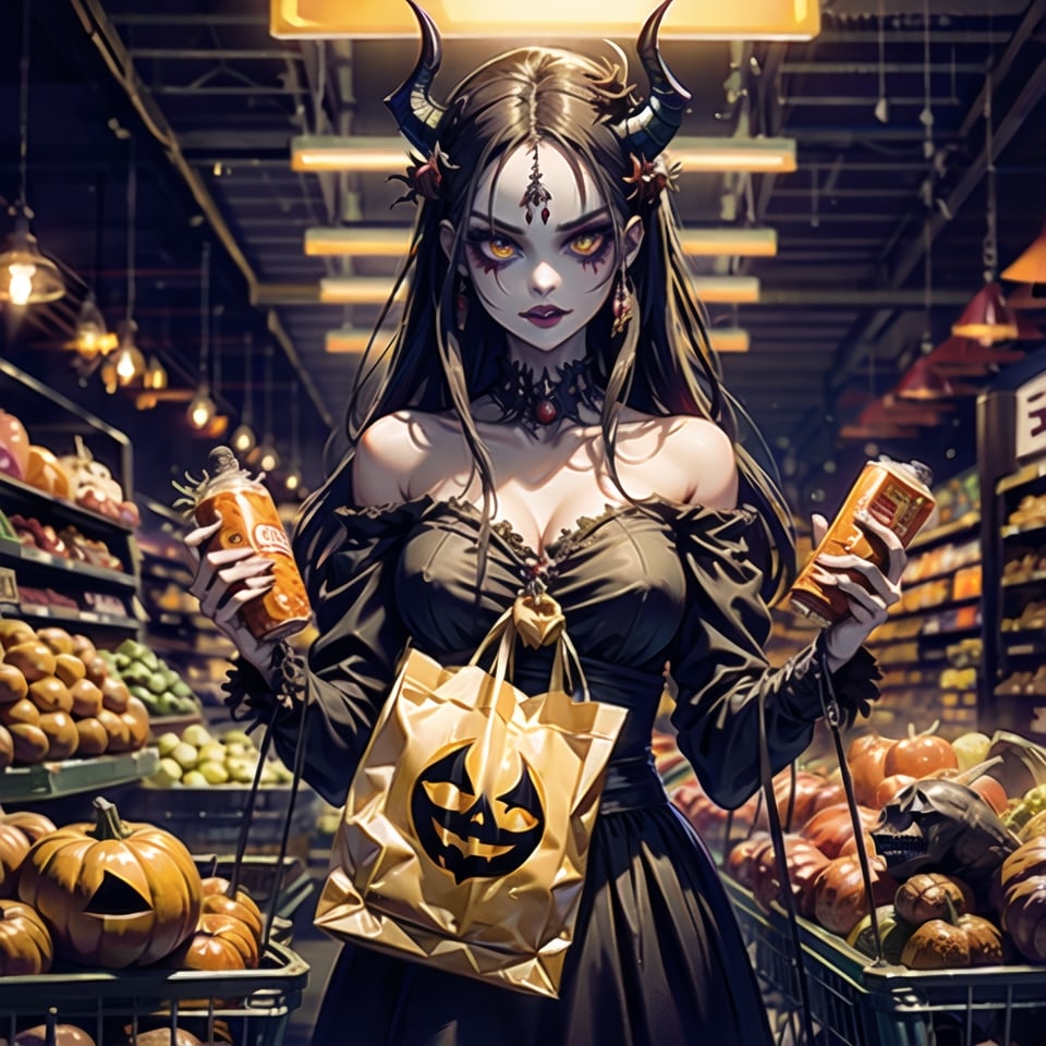 (shopping in market:1.3), Illustration of a extremely beautiful demon queen shopping in supermarket wearing an off-shoulder dress, A demon queen that combines creepiness and beauty, Atrocious, cruel, offensive, Ferocious, Ruthless look, Emphasis on demon queen characteristics, the jungle, upper body, (halloween theme:1.3), (dark background :1.3), (spooky-dark theme:1.3), (detailed supermarket background:1.3), supermarket, shopping meat, shopping food, inside, 