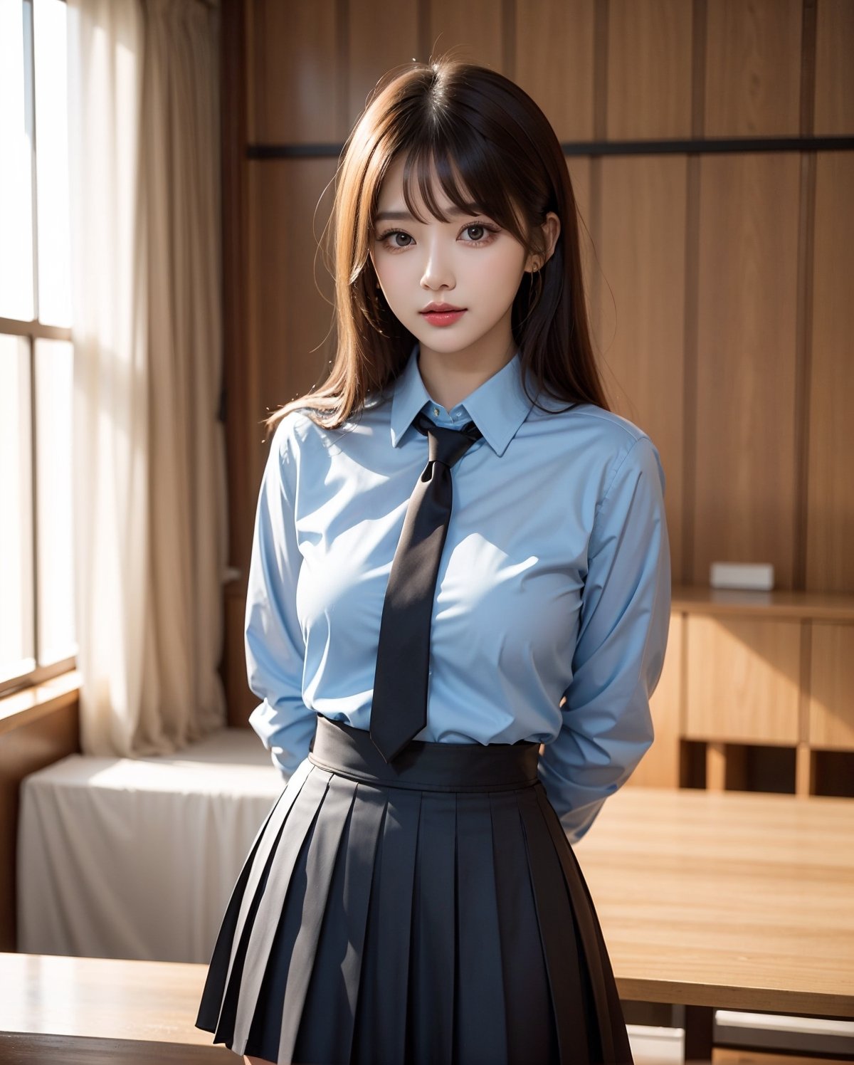 1girl, solo, medium hair, looking at viewer, bangs, large breasts, black hair, straight hair, brown eyes, standing with arms behind back, light blue collared shirt, long sleeve, cowboy shot, black formal tie, blue shirt, lips, black pleated skirt, makeup, girly style, school girl look, arms behind back, realistic, black skirt, in city, stanidng with arms behind back, busty, skinny, 