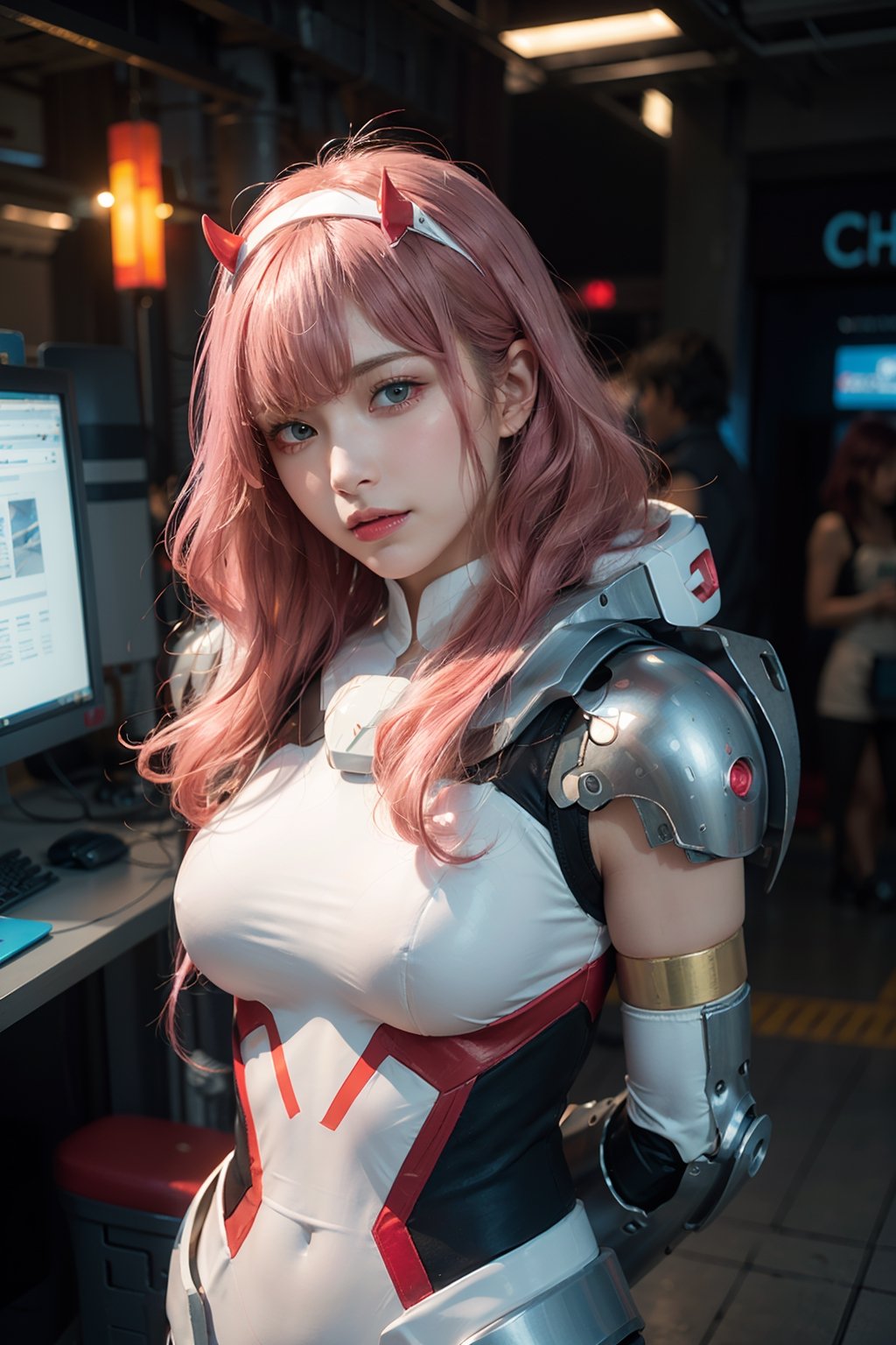 1girl, solo, pink hair, breasts, looking at viewer, wavy hair, curly hair, messh hair, dameged hair, busty,  brown eyes, cyborg girl, upper body, parted lips,cyborg armor, mechanical joints, mechanical armor,  blurry, lips, SF, sci fi, fantasy, cyber punk, android, dynamic, standng with arms behind back, cyber cafe, concierge, neon light, 02 bodyarmor, cczero2, long hair, horns, hairband, white bodysuit, pilot suit, gloves