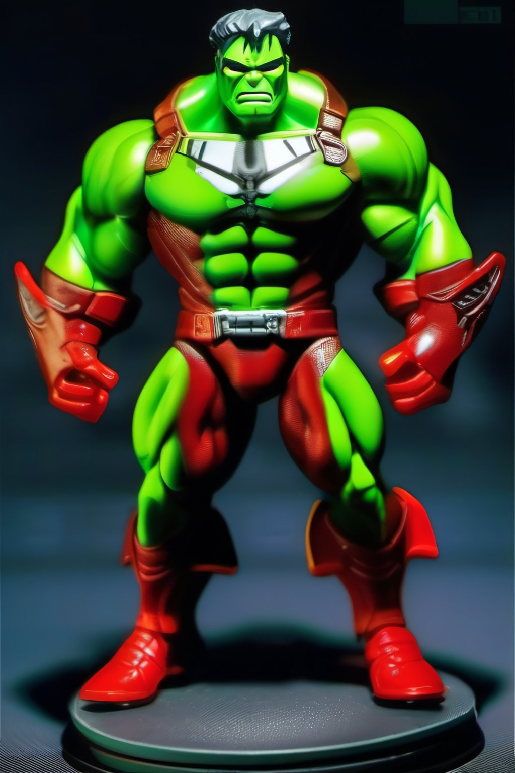 Iron Hulk: A fusion of Hulk and iron man, this action figure boasts archery precision:0.6, extraterrestrial hunting skills: 0.4. 