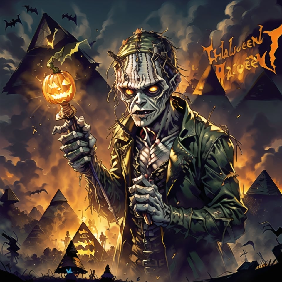 (Frankenstein's Monster holding an ancient magic Wand at pyramid:1.5), (Feankenstein's monster:1.5), (magic wand:1.5), (Pyramid:1.5), realistic, iilustration, ultra_detailed, hyper_sharp, (Halloween theme:1.5), (jack O'lantern:1.5), 