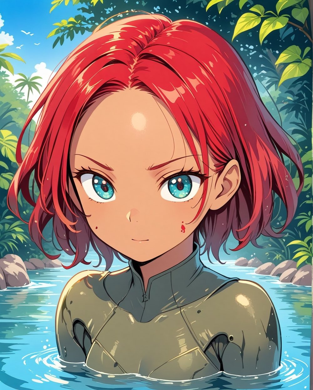 1army girl, jungle, sabannah, oasis, water, wearing a army bodysuit, dynamic, portrait, stain face, ,anitoon style, dark skin, tan skin, brwon skin, red hair, short hari, bob cut hair, forehead, ,<lora:659095807385103906:1.0>,<lora:659095807385103906:1.0>