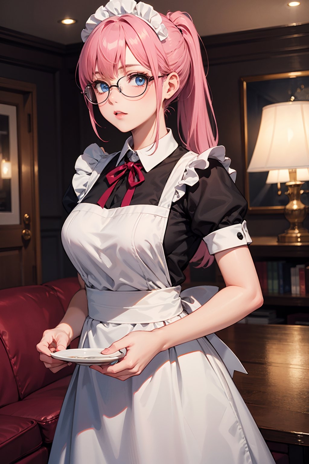 1woman, maid, ponytail, pink hair, blue eyes, maid clothes, glasses, living room