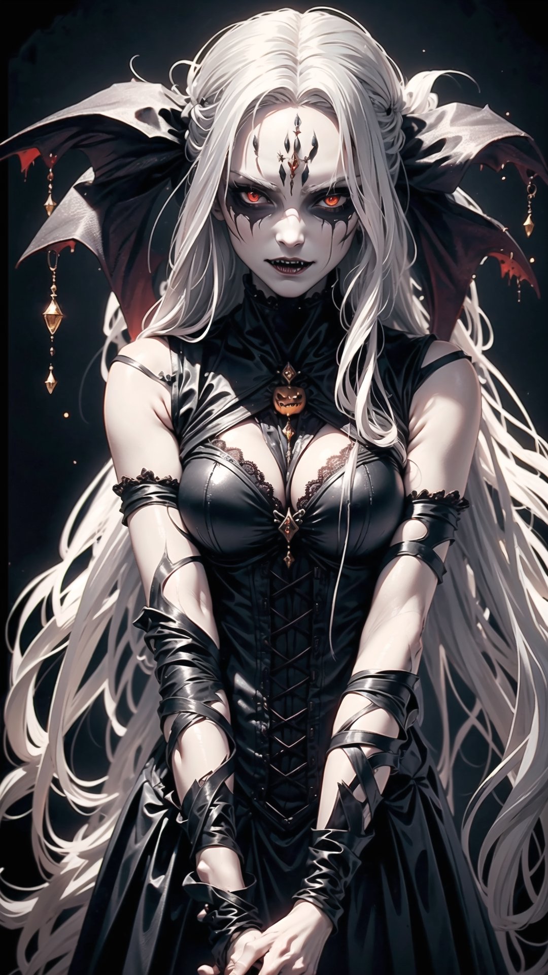 (Halloween theme:1.0), (vampire queen:1.3), (silver long hair:1.3), (red eyes:1.3), (vampire fangs:1.3), (extremely pretty and beautiful vampire queen:1.3), 
BREAK, 
Beautiful illustration, top-quality, (cute Russian vampire queen:1.3,  Caucasian:1.3), having vampire features, (vampire queen:1.5), 
BREAK,  
(red eyes:1.5, pale skin:1.1), (beautiful, 20 years old:1.5), slim, slender, (big sagging breasts), (clean face:1.3), (vampire fangs:1.3), (ash hair:1.3), (white hair:1.3), (silver hair:1.3), 
BREAK, 
(black elegant full lacy gothic dress), (latex corset), (black latex stockings), (knee-high-over-boots, pin-hells), (insanely detailed clothes), (halloween costume), 
BREAK, 
arms behind back, arms up on head, blue eyess, lovely thighs, (jack o'lantern:1.3), (looking straight at the viewer), (view viewer:1.3), (upper body:1.3), top angle, simple black background, (((dark background:1.5))), (halloween), (halloween background), ,fantasy