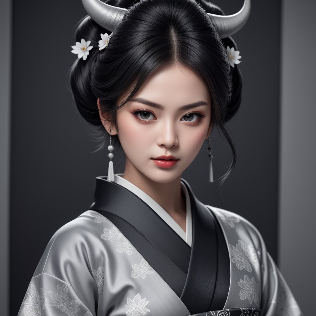 ONI, ONI girl, female ONI, face only, line art portrait, hand drawing portrait, realictic, hand drawing, pencil art, line art, photorealistic, monochrom, grey scale, high res, hyper sharp, HD render, best quality, masterpiece, oni horns, wearing a fusion of  Japanese kimono dress and wedding dress, ,<lora:659095807385103906:1.0>