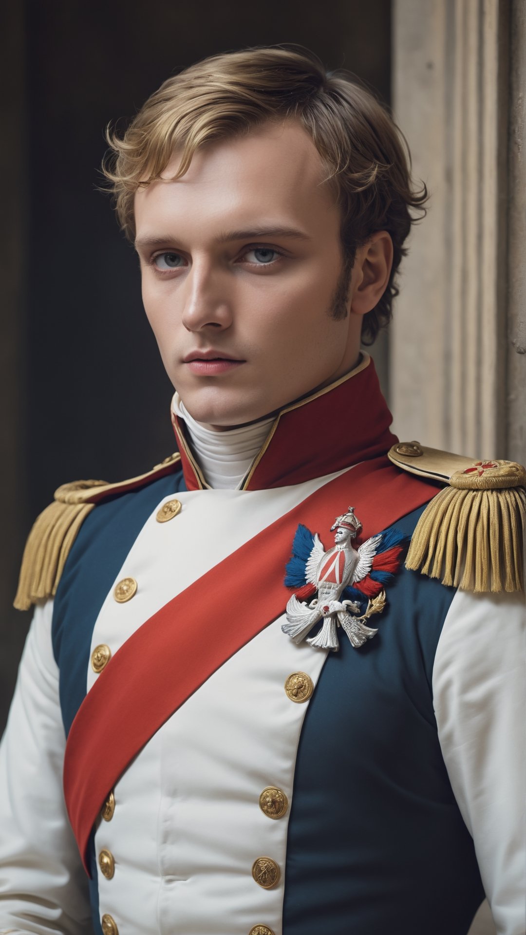 (Napoleon theme:1.5), (RAW photo, best quality), (realistic, photo-Realistic:1.3), best quality, masterpiece, beautiful and aesthetic, 16K, (HDR:1.4), high contrast, (vibrant color:1.4 ), (muted colors, dim colors, soothing tones:0), cinematic lighting, ambient lighting, sidelighting, Exquisite details and textures, cinematic shot, Warm tone, (Bright and intense:1.2), wide shot, by xm887, ultra realistic illustration, siena natural ratio, head to thigh portrait, blonde hair, medieval European king's clothes, Excessivism art, (Napoleon Bonaparte:1.5), Pale skin, icy eyeshadow, juicy lips, digital painting, full length beautiful intricate body paint , young goth, maze patterns, optical illusion, sensual, grinning, angelic, glass, delicate, translucent skin, 8k, trending, 