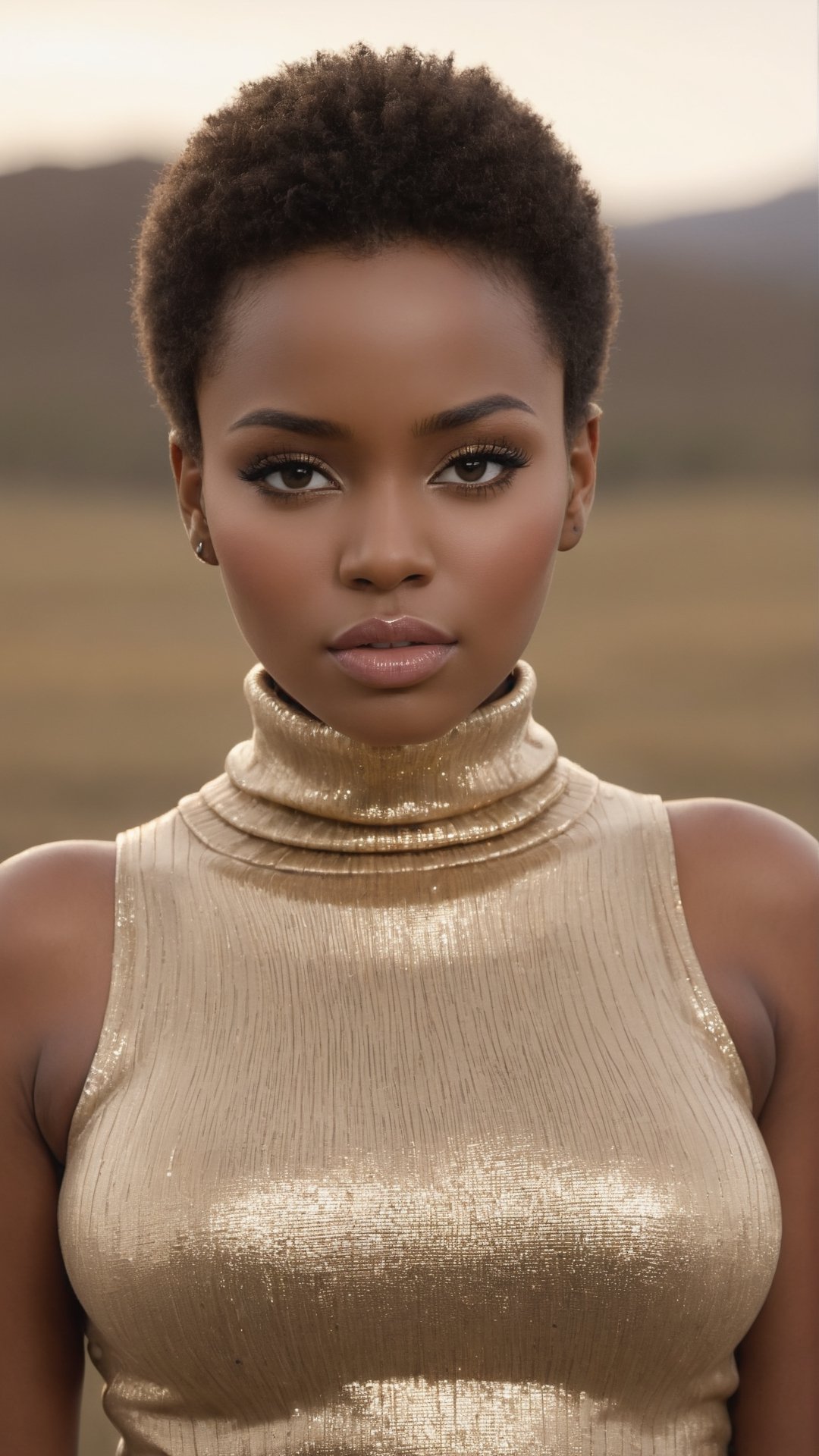 cowboy shot image of a extremely busty stunnig beautiful black African girl, 22yo, wearing ultra detailed skin_tight beige sleeveless turtleneck ribbed_sweater, fluffy, shiny-gold skin tight micro short_skirt, perfect face, perfect eyes, HD details, high details, sharp focus, studio photo, HD makeup, shimmery makeup, celebrity makeup, ((centered image)), (HD render)Studio portrait, magic, magical, fantasy, (huge breasts)(large breasts)(sagging breasts),(big breasts), glossy skin, oily skin, Wetlands, grasslands, swamps,serious, red lips, Extremely Realistic looking viewer, facing viewer, low angle, cowboy shot,Extremely Realistic,cinematic  moviemaker style