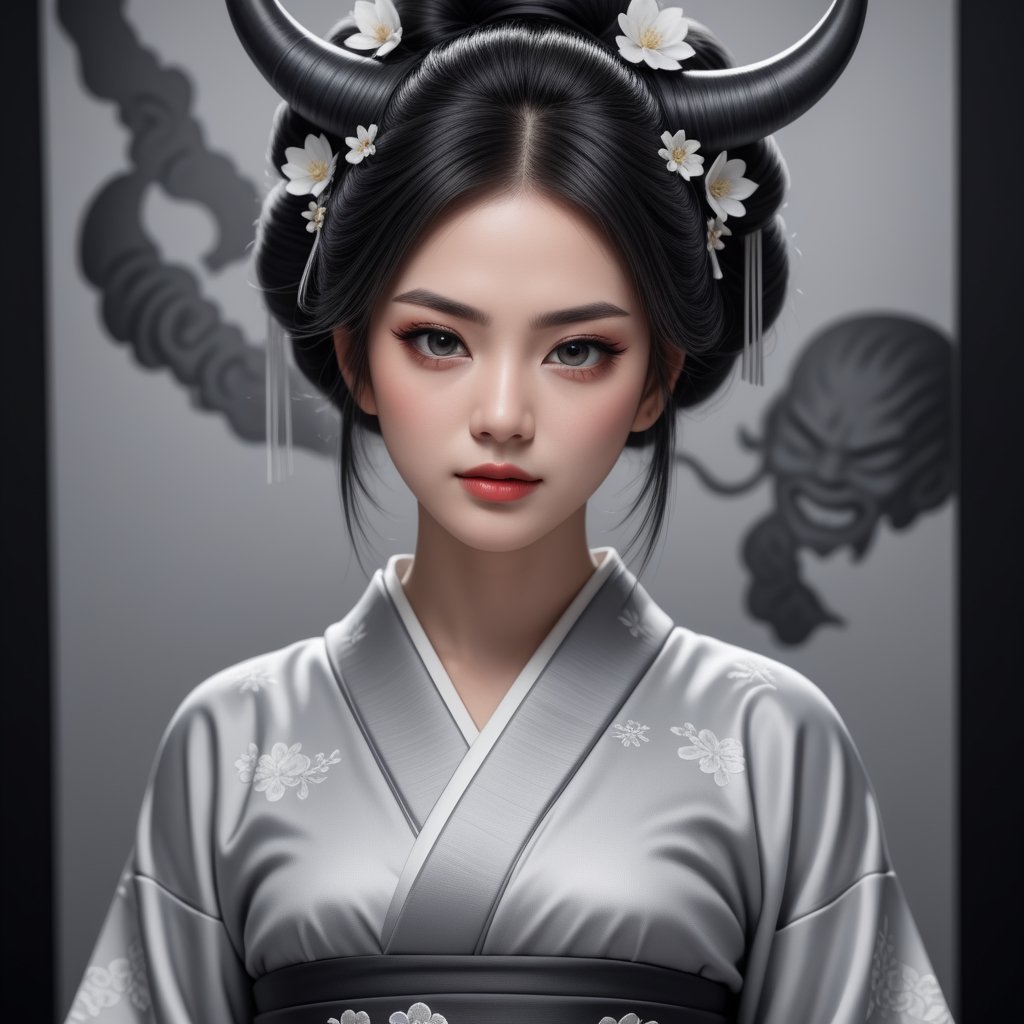 ONI, ONI girl, female ONI, face only, line art portrait, hand drawing portrait, realictic, hand drawing, pencil art, line art, photorealistic, monochrom, grey scale, high res, hyper sharp, HD render, best quality, masterpiece, oni horns, wearing a fusion of  Japanese kimono dress and wedding dress, ,<lora:659095807385103906:1.0>