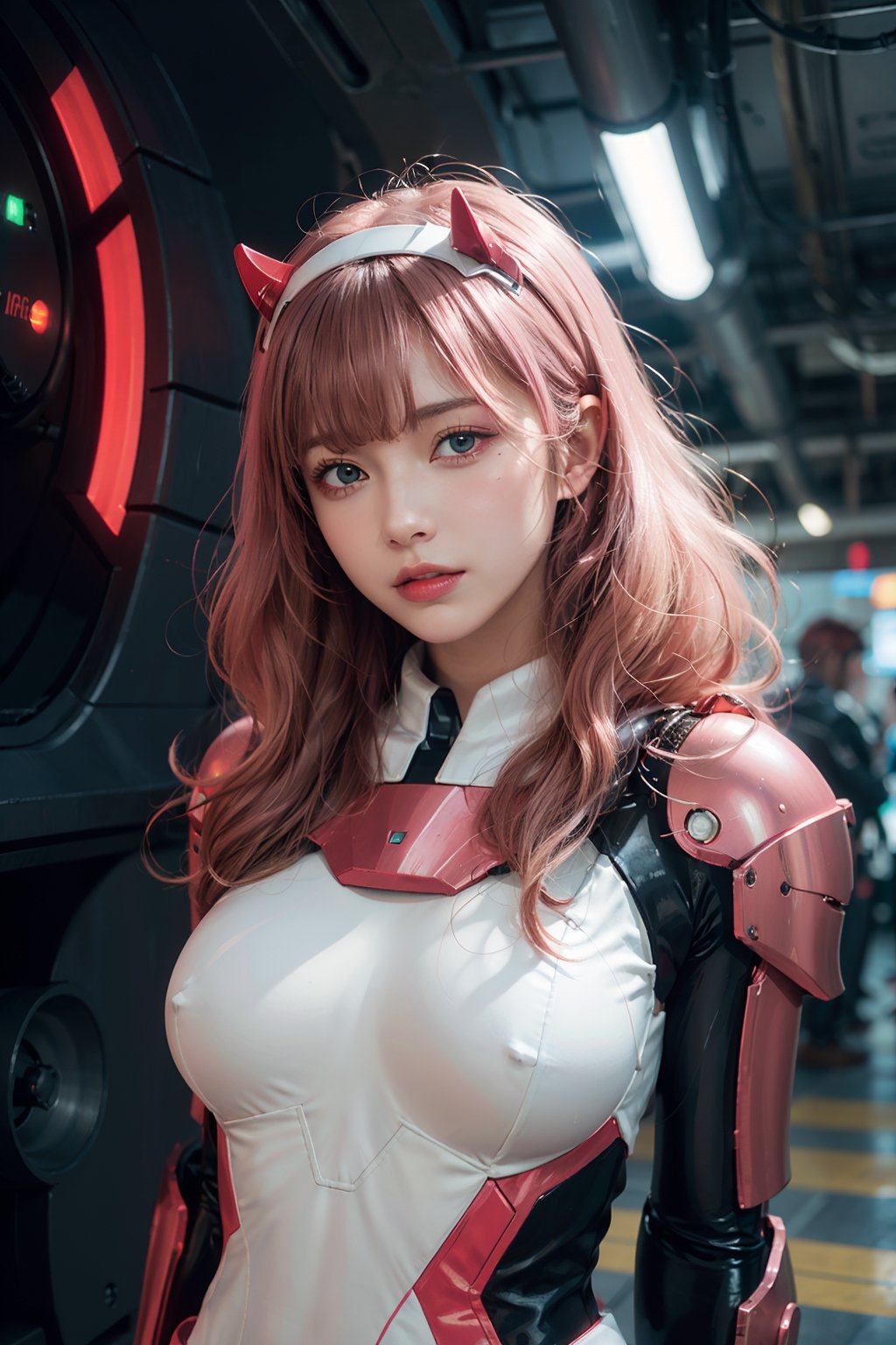1girl, solo, pink hair, breasts, looking at viewer, wavy hair, curly hair, messh hair, dameged hair, brown eyes, cyborg girl, upper body, parted lips,cyborg armor, mechanical joints, mechanical armor,  blurry, lips, SF, sci fi, fantasy, cyber punk, android, dynamic, standng with arms behind back, cyber cafe, concierge, neon light, 02 bodyarmor, cczero2, long hair, horns, hairband, white bodysuit, pilot suit, gloves