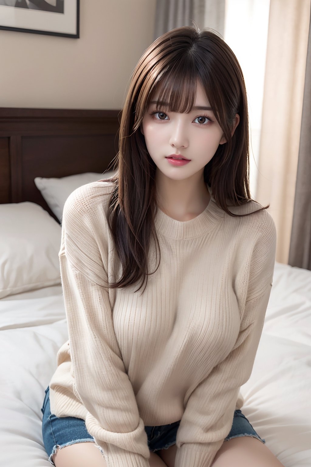 1girl, solo, long hair, breasts, looking at viewer, bangs, large breasts, brown hair, brown eyes, sitting, closed mouth, heart, indoors, sweater, lips, pillow, bed, on bed, curtains, ribbed sweater, realistic, bedroom,1 girl,Extremely Realistic