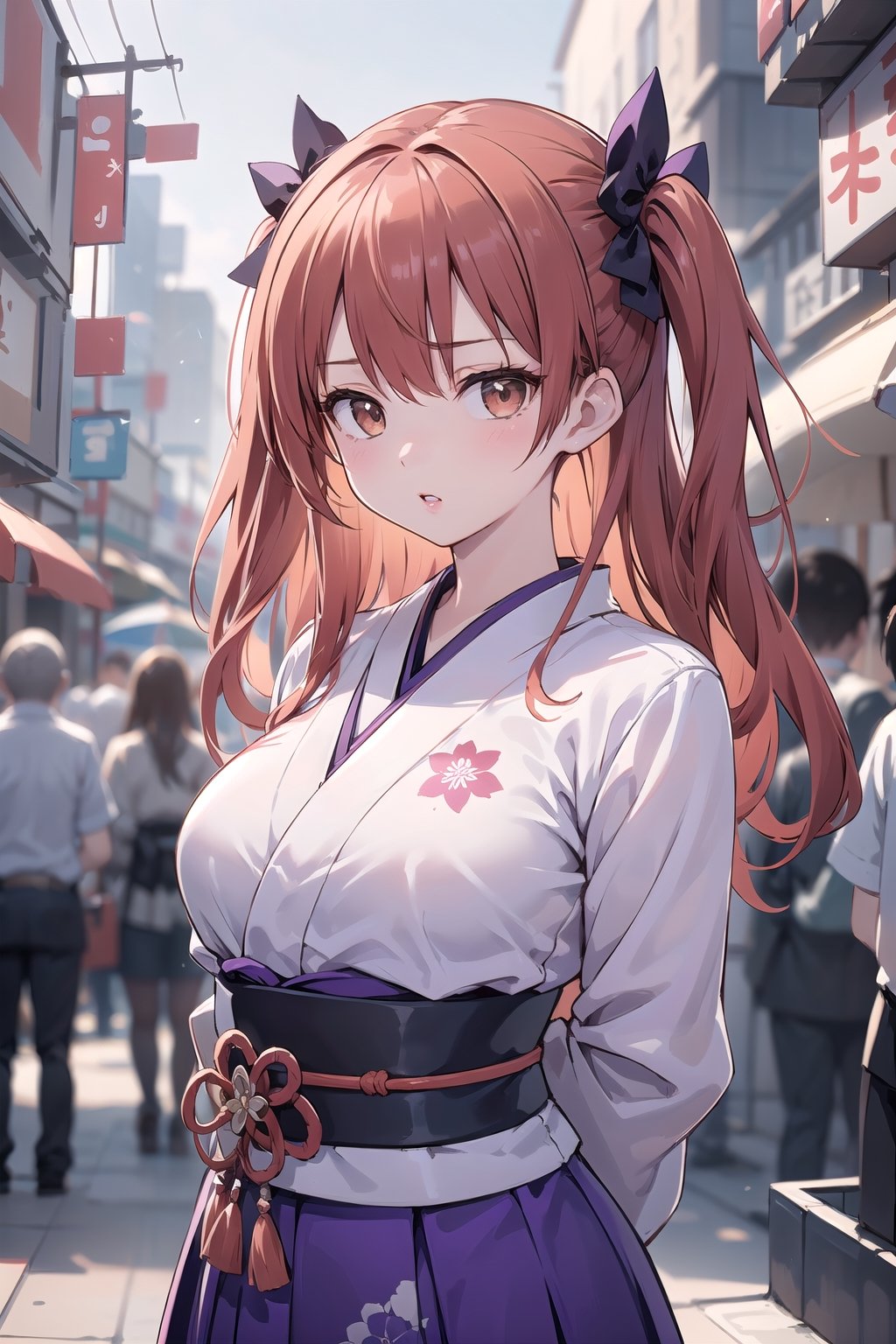 (masterpiece, top quality, best quality, official art, beautiful and aesthetic:1.2), hdr, high contrast, 1girl, solo, orange hair, two side up hair, looking at viewer, brown eyes, anime waifu, upper body, parted lips, busty, blurry, lips, film noir, fantasy, dynamic, standng with arms behind back, noir, mafia, yakuza, (kimono, ancient Japanese clothes, Japanese traditonal clothes, wafuku, furisode)),(dark purple theme:1.4), finger detailed, background detailed, ambient lighting, extreme detailed, cinematic shot, realistic ilustration, (soothing tones:1.3), (hyperdetailed:1.2), 