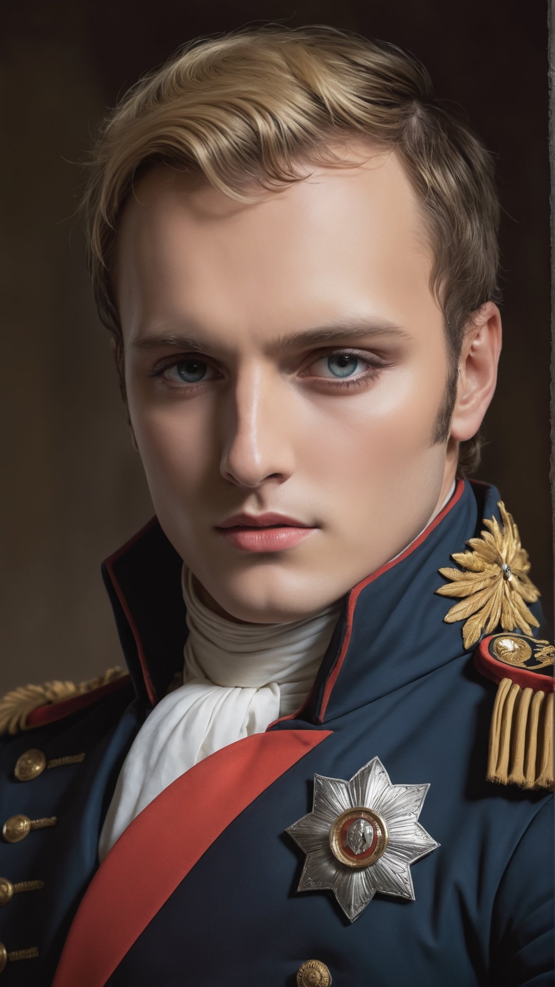 (Napoleon theme:1.5), (RAW photo, best quality), (realistic, photo-Realistic:1.3), best quality, masterpiece, beautiful and aesthetic, 16K, (HDR:1.4), high contrast, (vibrant color:1.4 ), (muted colors, dim colors, soothing tones:0), cinematic lighting, ambient lighting, sidelighting, Exquisite details and textures, cinematic shot, Warm tone, (Bright and intense:1.2), wide shot, by xm887, ultra realistic illustration, siena natural ratio, head to thigh portrait, blonde hair, medieval European king's clothes, Excessivism art, (Napoleon Bonaparte:1.5), Pale skin, icy eyeshadow, juicy lips, digital painting, full length beautiful intricate body paint , young goth, maze patterns, optical illusion, sensual, grinning, angelic, glass, delicate, translucent skin, 8k, trending, 