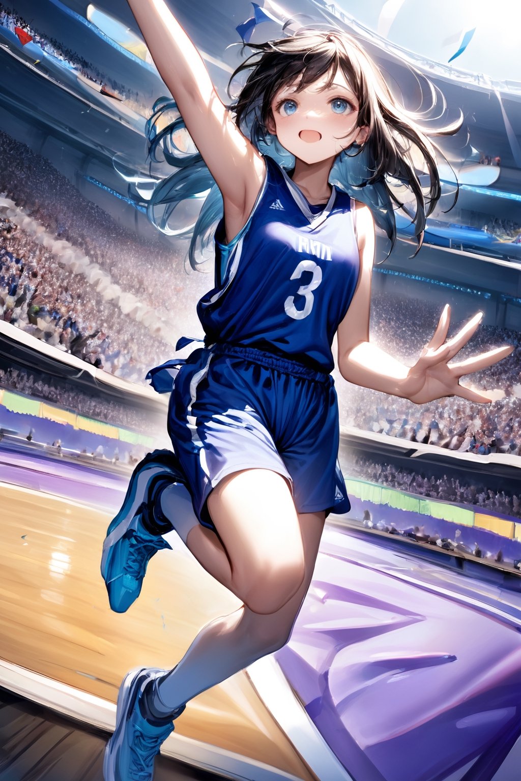 A captivating photo of a female basketball player at the peak of her jump, her arm extended toward the hoop with a focused expression. Her teammates cheer her on from the sidelines, while opponents watch with bated breath. The stadium is filled with a sea of cheering fans, waving banners and flags, creating an electrifying and energetic atmosphere.