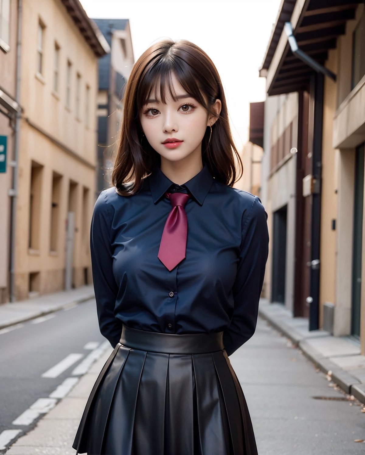 1girl, solo, medium hair, looking at viewer, bangs, large breasts, black hair, straight hair, brown eyes, standing with arms behind back, light blue collared shirt, long sleeve, cowboy shot, black formal tie, blue shirt, lips, black pleated skirt, makeup, girly style, school girl look, arms behind back, realistic, black skirt, in city, stanidng with arms behind back, busty, skinny, 