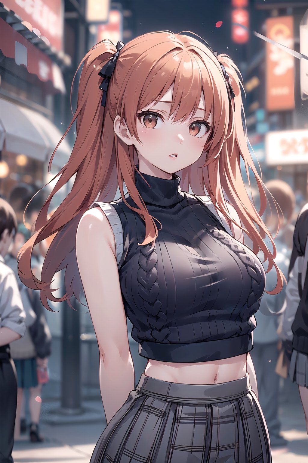 (masterpiece, top quality, best quality, official art, beautiful and aesthetic:1.2), hdr, high contrast, 1girl, solo, orange hair, two side up hair, looking at viewer, brown eyes, anime waifu, upper body, parted lips, busty, blurry, lips, film noir, fantasy, dynamic, standng with arms behind back, noir, mafia, yakuza, ((sleeveless knitwear, skirt:1.4)),(urban theme:1.4), finger detailed, background detailed, ambient lighting, extreme detailed, cinematic shot, realistic ilustration, (soothing tones:1.3), (hyperdetailed:1.2), 