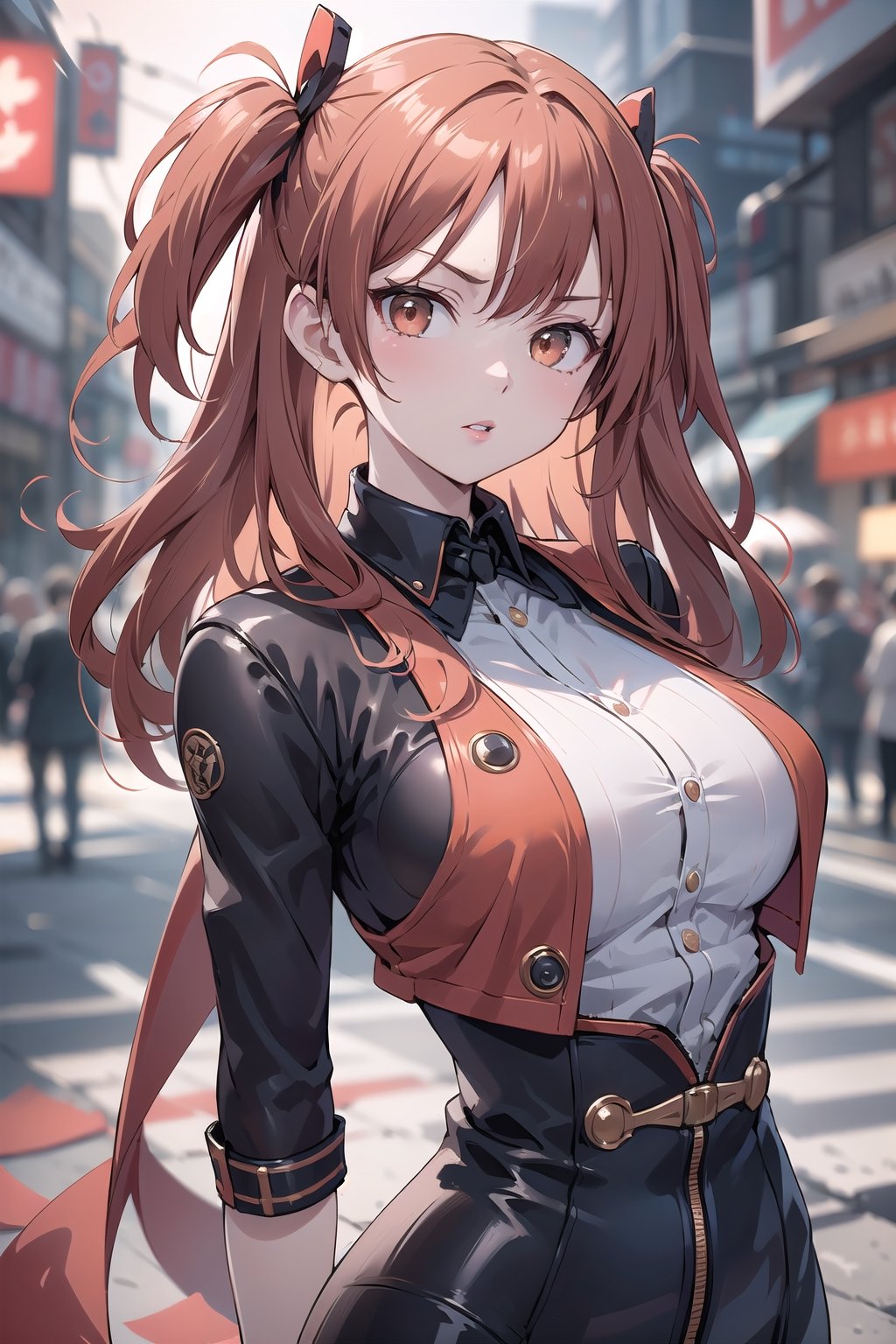 (masterpiece, top quality, best quality, official art, beautiful and aesthetic:1.2), hdr, high contrast, 1girl, solo, orange hair, two side up hair, looking at viewer, brown eyes, anime waifu, upper body, parted lips, busty, blurry, lips, film noir, fantasy, dynamic, standng with arms behind back, noir, mafia, yakuza, ((red securetary suit onepiece)),(red theme:1.4), finger detailed, background detailed, ambient lighting, extreme detailed, cinematic shot, realistic ilustration, (soothing tones:1.3), (hyperdetailed:1.2), 