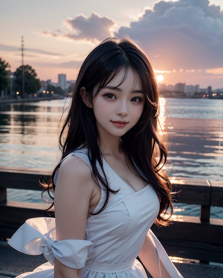 1girl, busty, high res, portrait, small round face, busty, bright smile, Korean hot model, 25yo, pale skin, black wavy hair, sunset, sunset scenery, wearing a french maid costume, cutefirlmix, ,Asian, 8k, medium quality, masterpiece, sharp focus, face focus, 