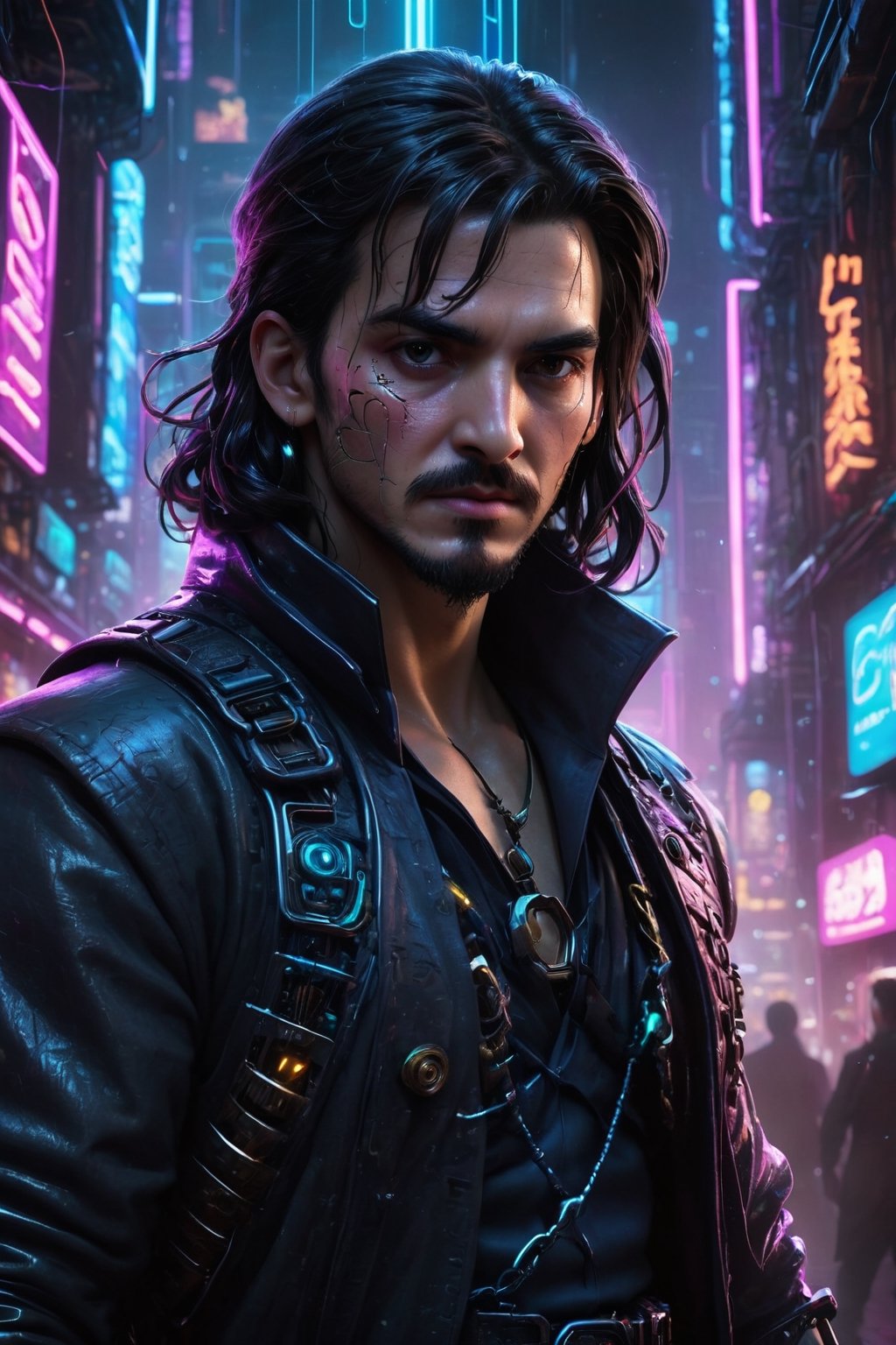 Immerse yourself in the cyberpunk realm as a hyper-realistic illustration materializes, featuring the iconic figure of Captain Hook. At its core, an intricately detailed hook steals the spotlight – a cybernetic marvel with metallic intricacies, intertwined with pulsating LED lights. The captain's weathered hand, a fusion of human resilience and technological augmentation, tightly grips the symbolic hook, embodying a lifetime of gritty battles and clandestine dealings in the digital underbelly. Amidst the backdrop of flickering neon lights and cascading lines of code, this 3D-generated masterpiece captures the essence of Hook's indomitable spirit, symbolizing the intertwining of humanity and technology in the cyberpunk tapestry.