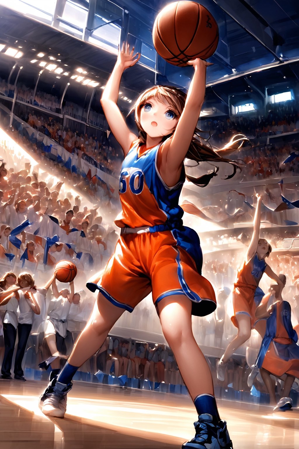 A thrilling basketball shoot scene featuring a female player in mid-action, with her arm extended and her eyes focused on the hoop. The atmosphere is dynamic, with the player's teammates cheering her on and opponents watching in anticipation. The background shows a packed stadium, with banners and flags creating a lively atmosphere.