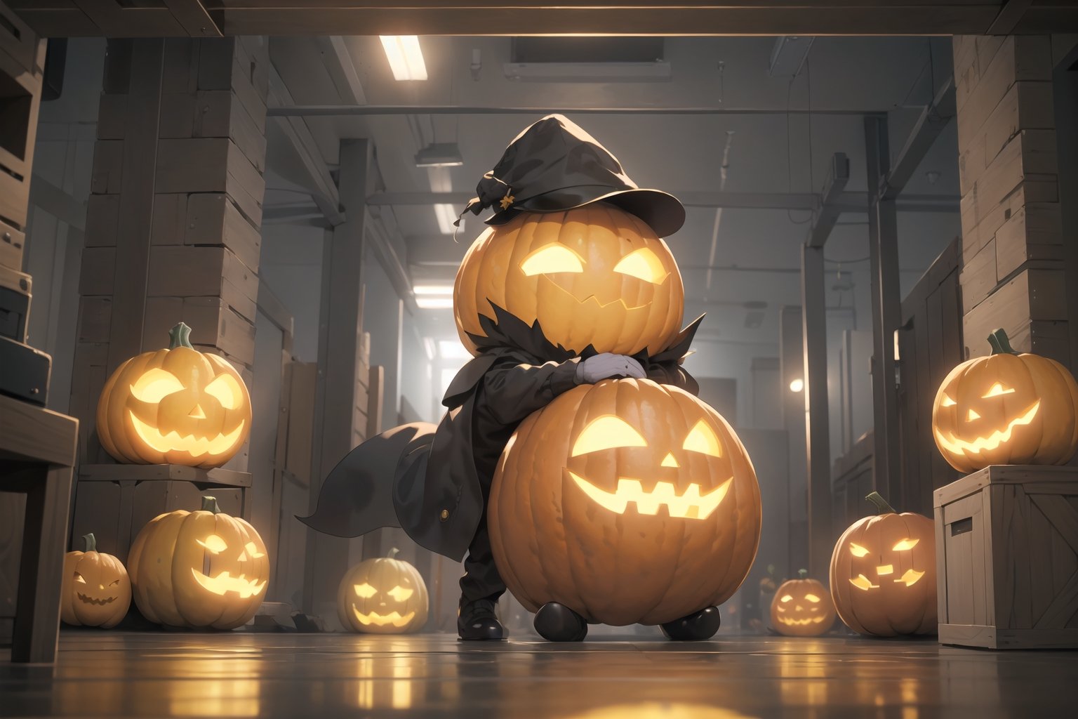 1pumpkin monter, gigantic punmpkin monsetr,  at dark night office room, wearing a holy cap, brilliant cap, Copy machine that glows eerily, fusion of copy machine and pumpkin monster,  