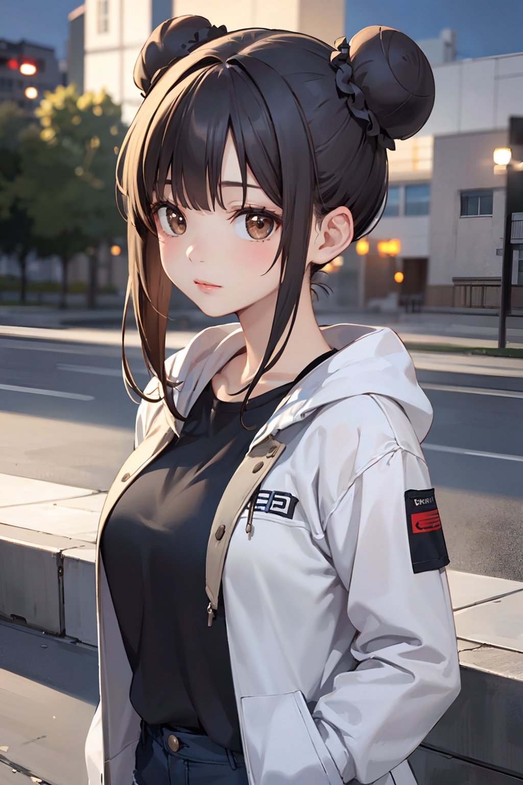 Upper body portrait:1.3, 1girl, 22yo, collage student, solo, long hair, breasts, looking at viewer, bangs, large breasts, black hair,(twin buns hair:1.4), breask, brown eyes, standing, closed mouth, outdoors,oversized grey hoodie, jacket, skinny shorts, lips, collage, night, realistic, 1 girl,Extremely Realistic, small face, 