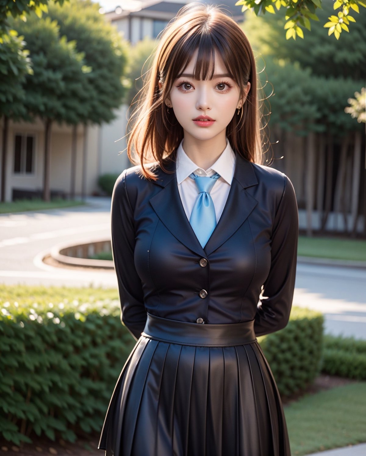 1girl, solo, medium hair, looking at viewer, bangs, large breasts, black hair, straight hair, brown eyes, standing with arms behind back, light blue collared shirt, long sleeve, cowboy shot, black formal tie, blue shirt, lips, black pleated skirt, makeup, girly style, school girl look, arms behind back, realistic, black skirt, in city, stanidng with arms behind back, busty, skinny, 