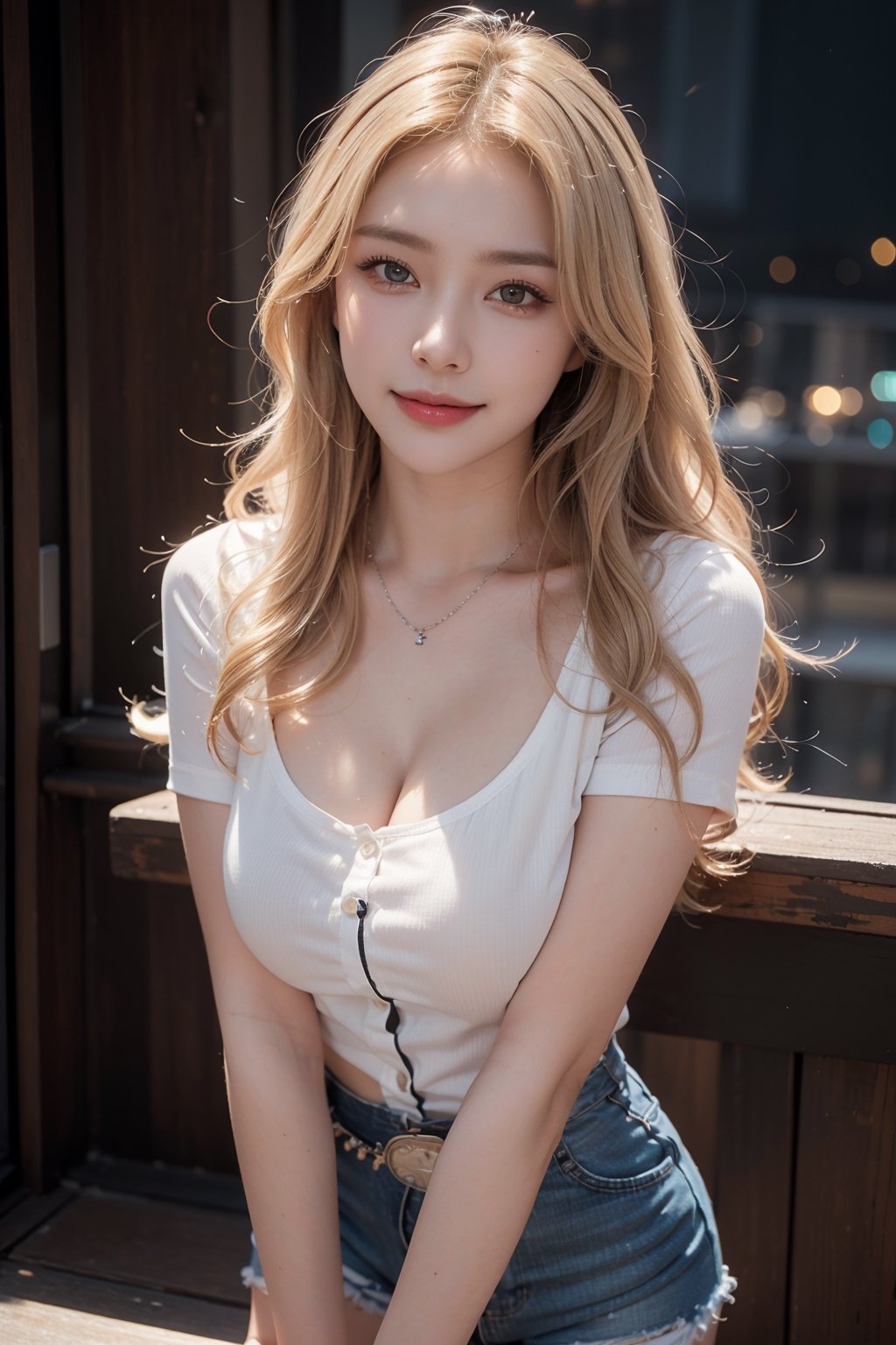 (realistic), (hyperrealism), (photorealistic:1.4),waist shot, (cowboy shot:1.6), 1girl, solo, a stunning pretty Japanese girl, 20yo, cute round face, pretty face, long hair, breasts, busty, skinny, looking at viewer, smile, (blond ehair:1.4), (platinum blonde long wavy curly hair:1.4), big boob, cleavage, eyeshadow, eyeliner, gal makeup, makeup, loose wavy long hair:1.3, teeth, necklace, evil smile, realistic, frame the head, watch, eye makeup, detailed eyes, detailed face, (upper body:1.2), detailed background, wearing a (white short sleeve shirt and shorts), night, massage room, (standing with V arms:1.3), 
BREAk, 
masterpiece, best quality, ultra high res, ultra detailed, face focus, sharp focus, 16k, ultra fine picture, photorealistic, realistic, perfect anatomy, ,1 girl