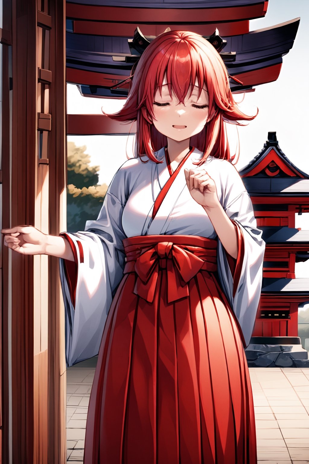 Miko, omikuji, jinjya, japanese temple, niko outfit, red hakama, closed eyes, goddess, 