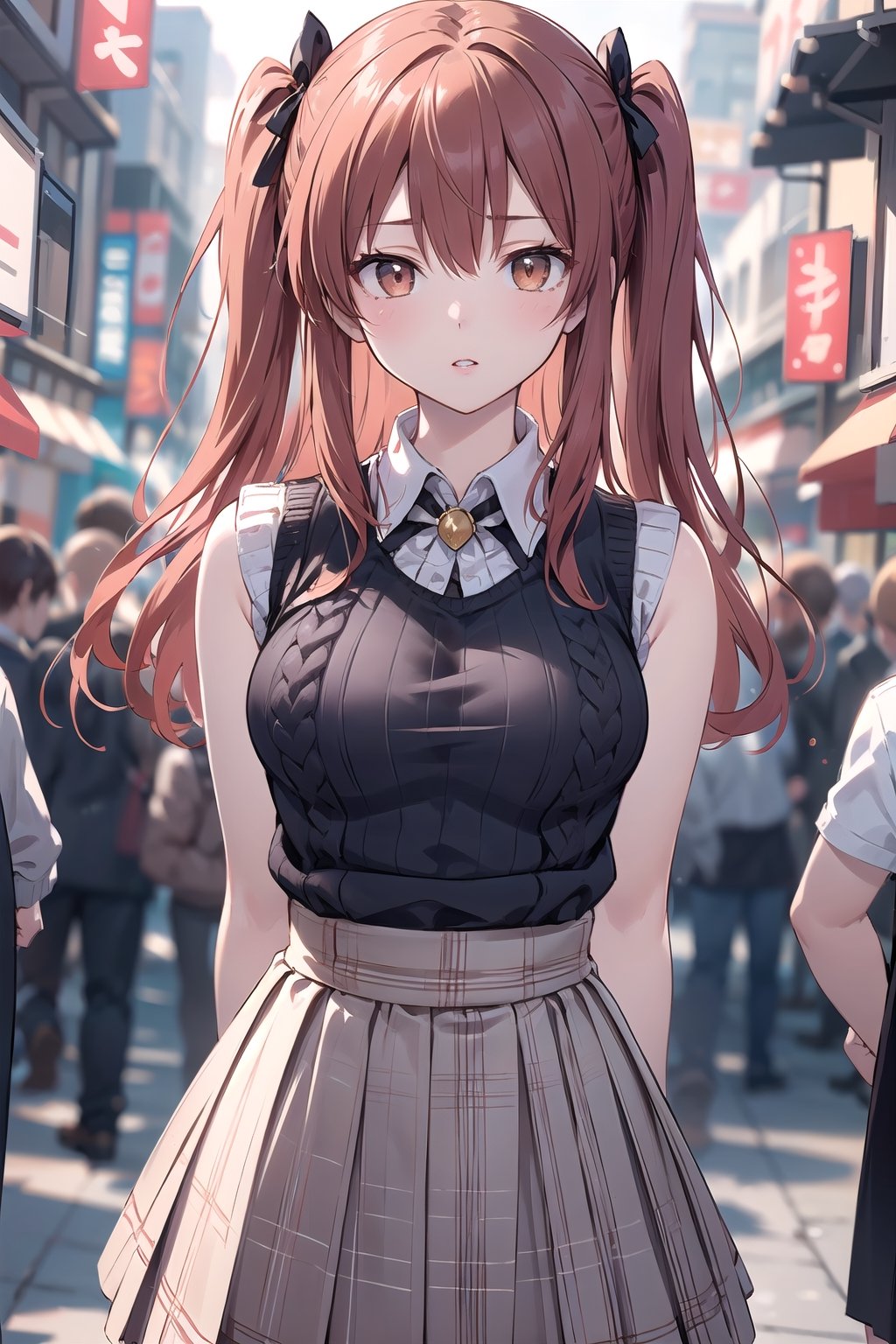 (masterpiece, top quality, best quality, official art, beautiful and aesthetic:1.2), hdr, high contrast, 1girl, solo, orange hair, two side up hair, looking at viewer, brown eyes, anime waifu, upper body, parted lips, busty, blurry, lips, film noir, fantasy, dynamic, standng with arms behind back, noir, mafia, yakuza, ((sleeveless knitwear, skirt:1.4)),(urban theme:1.4), finger detailed, background detailed, ambient lighting, extreme detailed, cinematic shot, realistic ilustration, (soothing tones:1.3), (hyperdetailed:1.2), 