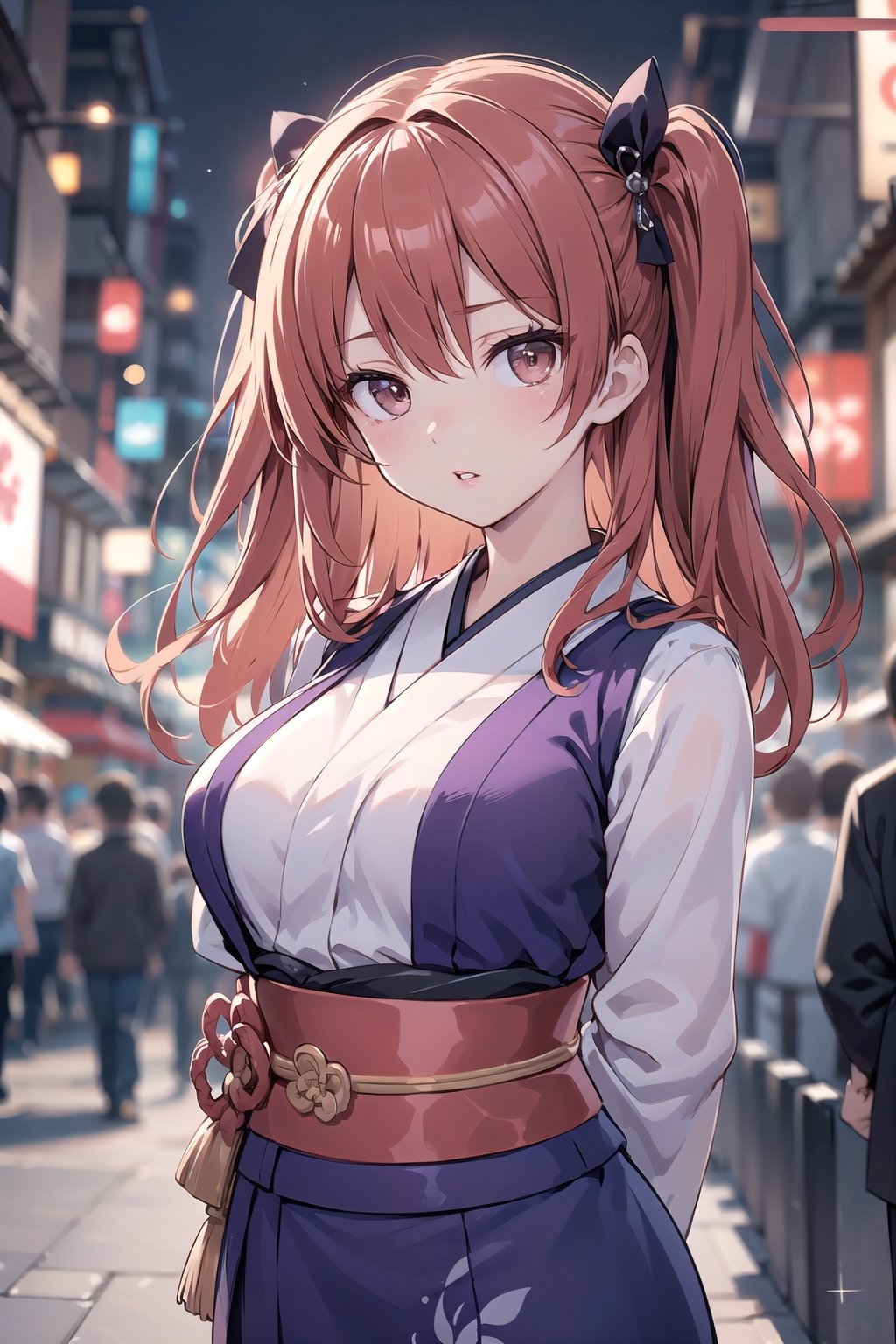 (masterpiece, top quality, best quality, official art, beautiful and aesthetic:1.2), hdr, high contrast, 1girl, solo, orange hair, two side up hair, looking at viewer, brown eyes, anime waifu, upper body, parted lips, busty, blurry, lips, film noir, fantasy, dynamic, standng with arms behind back, noir, mafia, yakuza, (kimono, ancient Japanese clothes, Japanese traditonal clothes, wafuku, furisode)),(dark purple theme:1.4), finger detailed, background detailed, ambient lighting, extreme detailed, cinematic shot, realistic ilustration, (soothing tones:1.3), (hyperdetailed:1.2), 