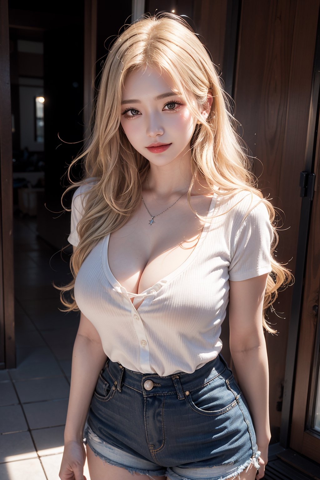 (realistic), (hyperrealism), (photorealistic:1.4),waist shot, (cowboy shot:1.6), 1girl, solo, a stunning pretty Japanese girl, 20yo, cute round face, pretty face, long hair, breasts, busty, skinny, looking at viewer, smile, (blond ehair:1.4), (platinum blonde long wavy curly hair:1.4), big boob, cleavage, eyeshadow, eyeliner, gal makeup, makeup, loose wavy long hair:1.3, teeth, necklace, evil smile, realistic, frame the head, watch, eye makeup, detailed eyes, detailed face, (upper body:1.2), detailed background, wearing a (white short sleeve shirt and shorts), night, massage room, (standing with V arms:1.3), 
BREAk, 
masterpiece, best quality, ultra high res, ultra detailed, face focus, sharp focus, 16k, ultra fine picture, photorealistic, realistic, perfect anatomy, ,1 girl