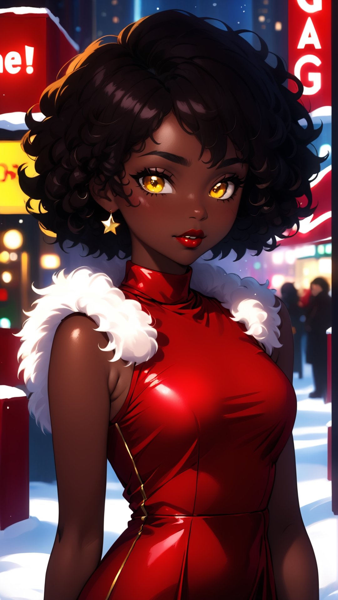 anitoon style, solo, dark skin, 1girl, yellow eyes, jewelry, black hair, short hair, dark-skinned female, makeup, lipstick, looking at viewer, curly hair, bare_top_velvet dress, santa costume, fluffy fur dress, red dress, sleeveless, highneck, Times Square Garden, Night, Christmas, 