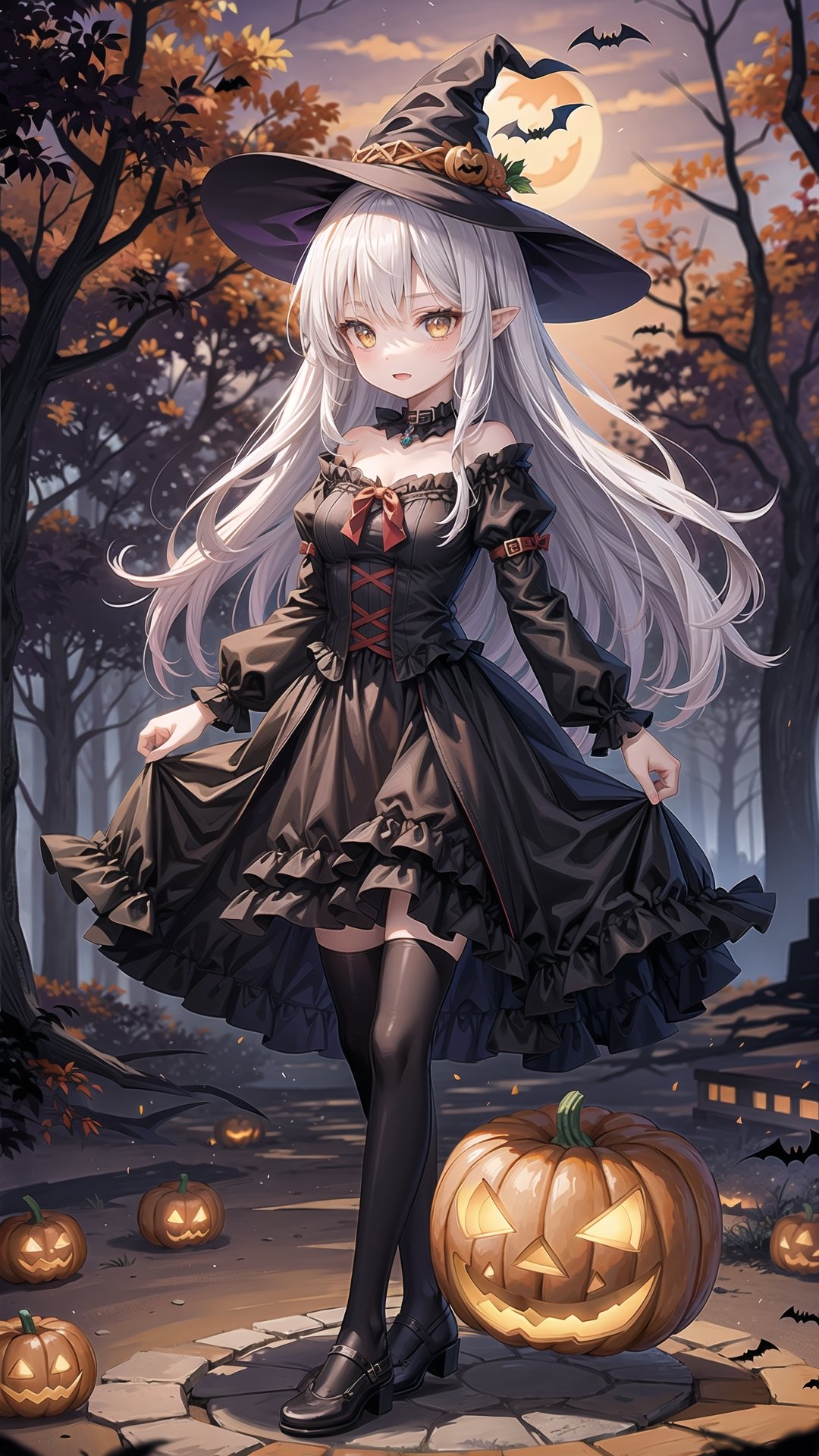 (Halloween theme:1.5), 
BREAK, 
A beautiful and powerful witch stands in the middle of a mysterious forest filled with sparkling lights of magic circles in the air and mythical tree stumps under full moon, 
BREAK, 
1girl, magic, magic circle, tree, sky, star (sky), scenery, solo, outdoors, starry sky, night, dress, grass, moon, red full moon, black cat, ghost, jack o'lantern, ,Hori,YAMATO
