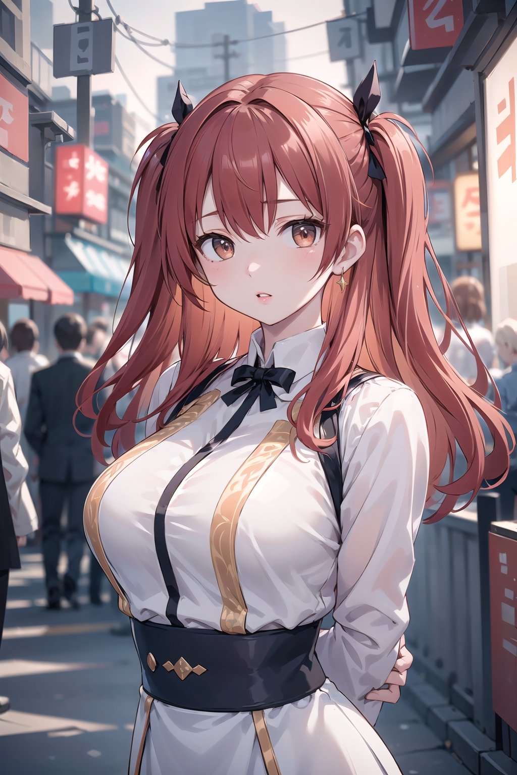 (masterpiece, top quality, best quality, official art, beautiful and aesthetic:1.2), hdr, high contrast, 1girl, solo, orange hair, two side up hair, looking at viewer, brown eyes, anime waifu, upper body, parted lips, busty, blurry, lips, film noir, fantasy, dynamic, standng with arms behind back, noir, mafia, yakuza, ((ancient celestial clothes)),(white theme:1.4), finger detailed, background detailed, ambient lighting, extreme detailed, cinematic shot, realistic ilustration, (soothing tones:1.3), (hyperdetailed:1.2), 