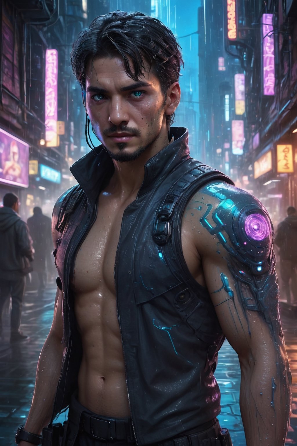 In the cyberpunk dystopia, envision a hyper-realistic upper body portrait of Hook, the enigmatic captain navigating the neon-lit, rain-soaked alleys of a sprawling metropolis. His cybernetic eye gleams with the reflections of holographic billboards, betraying a history of battles in the data-driven underworld. Augmented with intricate neural interfaces, his weathered face bears the scars of both physical and digital combat. Strands of bioluminescent tattoos weave through his cyber-enhanced skin, a testament to the fusion of man and machine. With the city's chaotic energy as a backdrop, this 3D-generated masterpiece encapsulates Hook's gritty resilience, embodying the essence of a cybernetic sea captain in a world veiled in perpetual dusk.