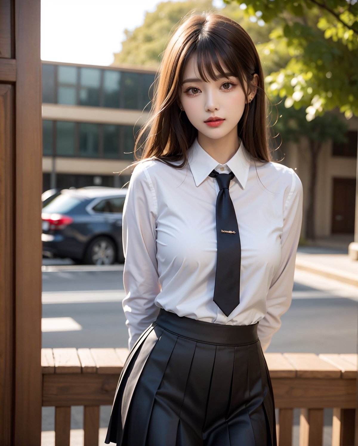 1girl, solo, medium hair, looking at viewer, bangs, large breasts, black hair, straight hair, brown eyes, standing with arms behind back, light blue collared shirt, long sleeve, cowboy shot, black formal tie, blue shirt, lips, black pleated skirt, makeup, girly style, school girl look, arms behind back, realistic, black skirt, in city, stanidng with arms behind back, busty, skinny, 