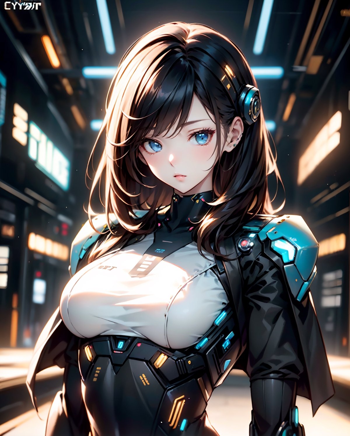 (cyber theme:1.3), (cyber girl:1.3), (female android:1.3), wearing a white mechanical body armor:1.3, mecanical cropped top ,highres,masterpiece,sugar_rune,girl