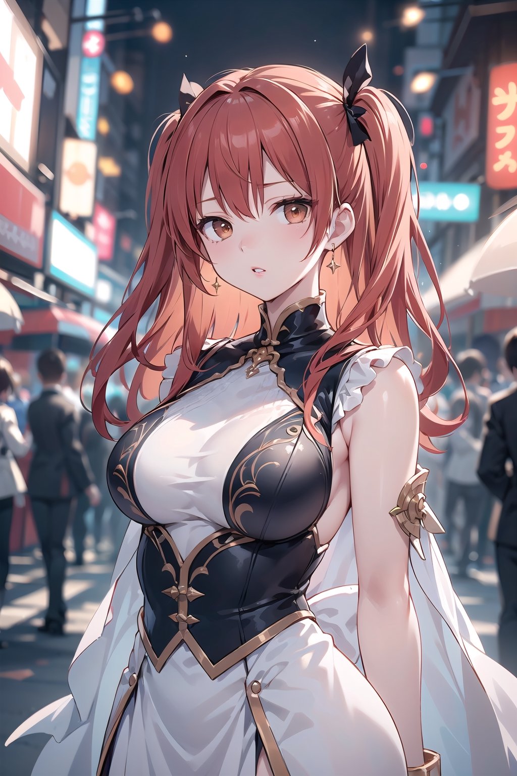 (masterpiece, top quality, best quality, official art, beautiful and aesthetic:1.2), hdr, high contrast, 1girl, solo, orange hair, two side up hair, looking at viewer, brown eyes, anime waifu, upper body, parted lips, busty, blurry, lips, film noir, fantasy, dynamic, standng with arms behind back, noir, mafia, yakuza, ((ancient celestial clothes)),(white theme:1.4), finger detailed, background detailed, ambient lighting, extreme detailed, cinematic shot, realistic ilustration, (soothing tones:1.3), (hyperdetailed:1.2), 