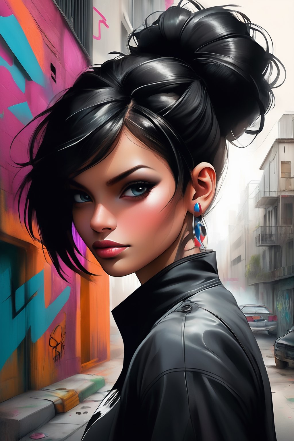 A captivating pencil art illustration of a female portrait, blending the rebellious spirit of street art with the elegance of portraiture. The subject has a bold and striking appearance, with her eyes gazing confidently at the viewer. Her hair is styled in a way that suggests a connection to urban culture, while her attire is a mix of casual and sophisticated elements. The background features a vibrant cityscape, with graffiti-filled walls and dynamic shapes that complement the subject's allure. The artwork exudes a sense of individuality and self-expression, celebrating the diversity and dynamism of contemporary society.