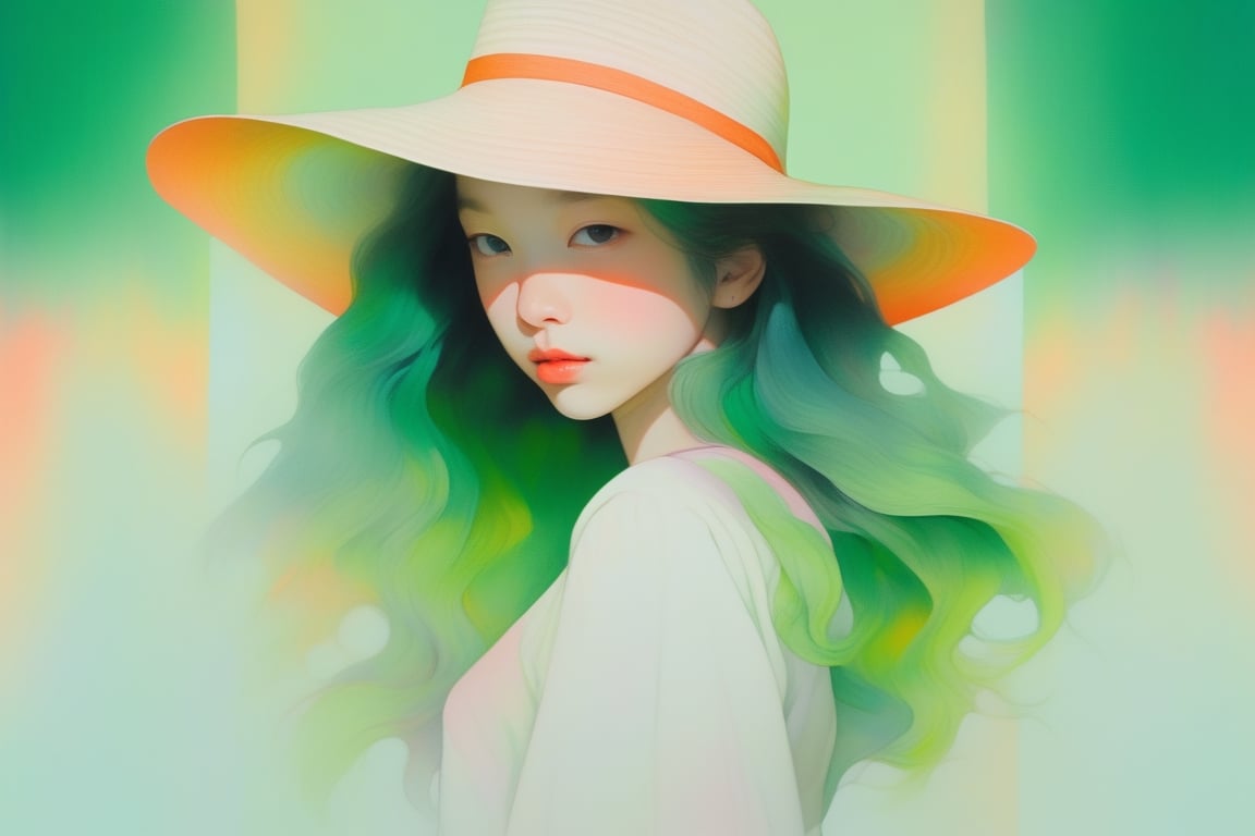 acrylic ,realistic ,(childen girl ),portrait,lip, panama hat,Palace, Shanghai,Colorful gradient background, deep green hair,Long hair, Distorted , (masterpiece,best quality,niji style)