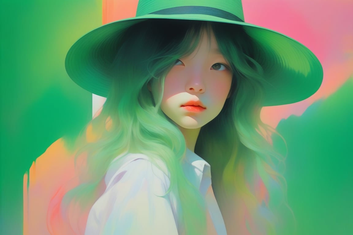 acrylic ,realistic ,(childen girl ),portrait,lip, panama hat,Palace, Shanghai,Colorful gradient background, deep green hair,Long hair, Distorted , (masterpiece,best quality,niji style)