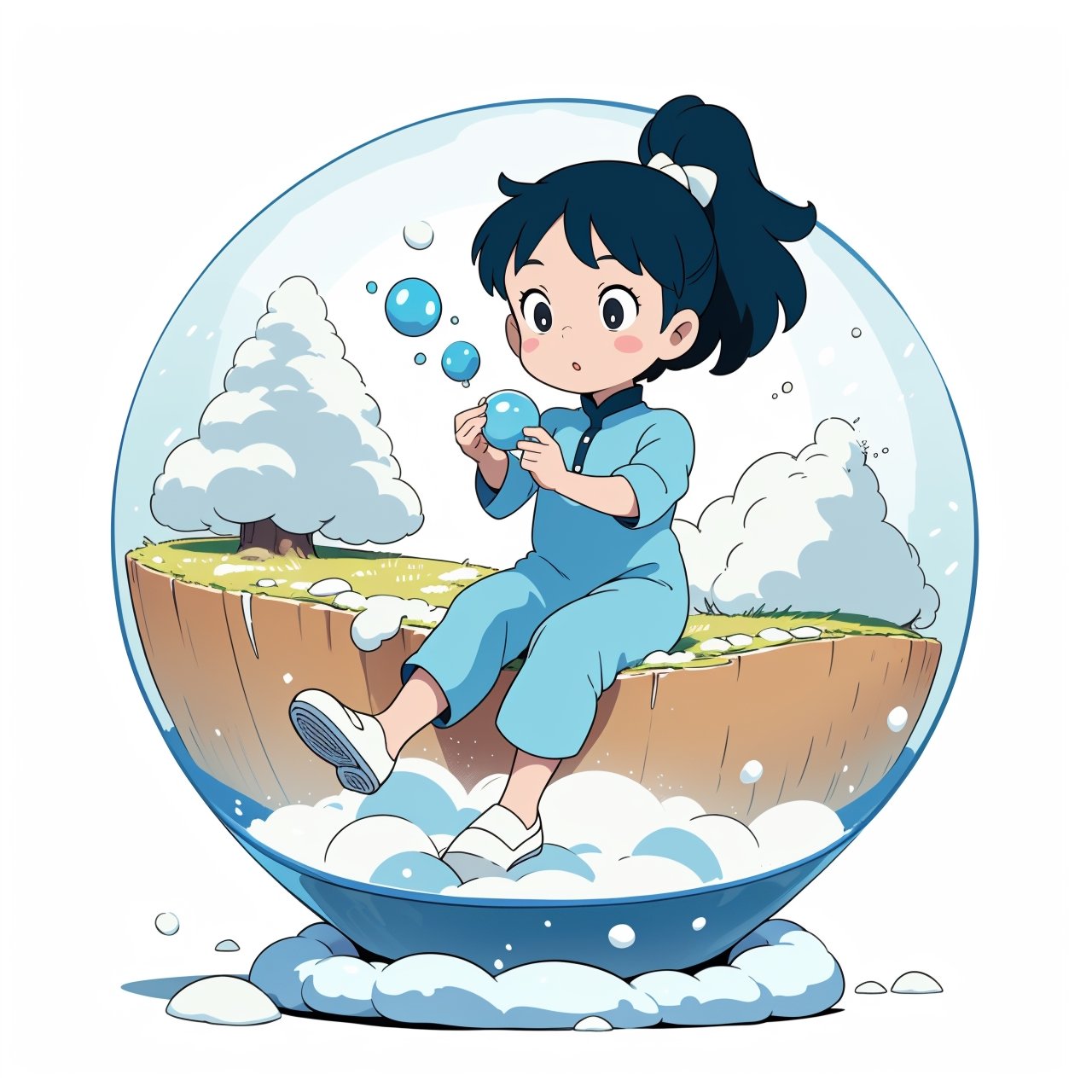 ((sticker design, white background)),  child girl, bubble ponytail, ((aodai)) , (masterpiece, best quality:1.6), ghibli, Snowing, The Salt Lake Temple, action pose, Sculptural, 