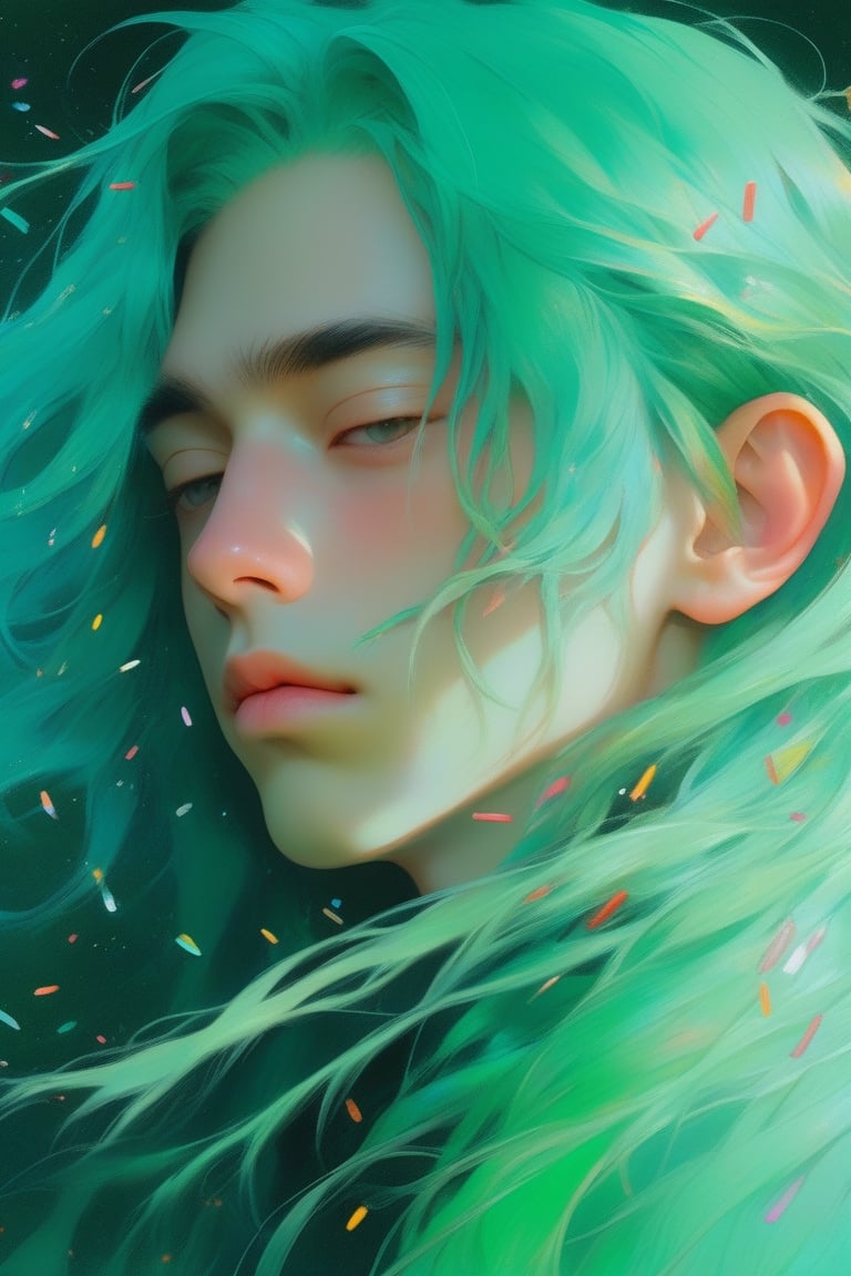 (realistic:1.1),oil color,ghibli ,(childen boy ),,lip, magicpunk,sprinkles, deep green gradient background, Teal hair,Long hair, Enigmatic ,actor ,Jessica Rossier,, (masterpiece,best quality,niji style)