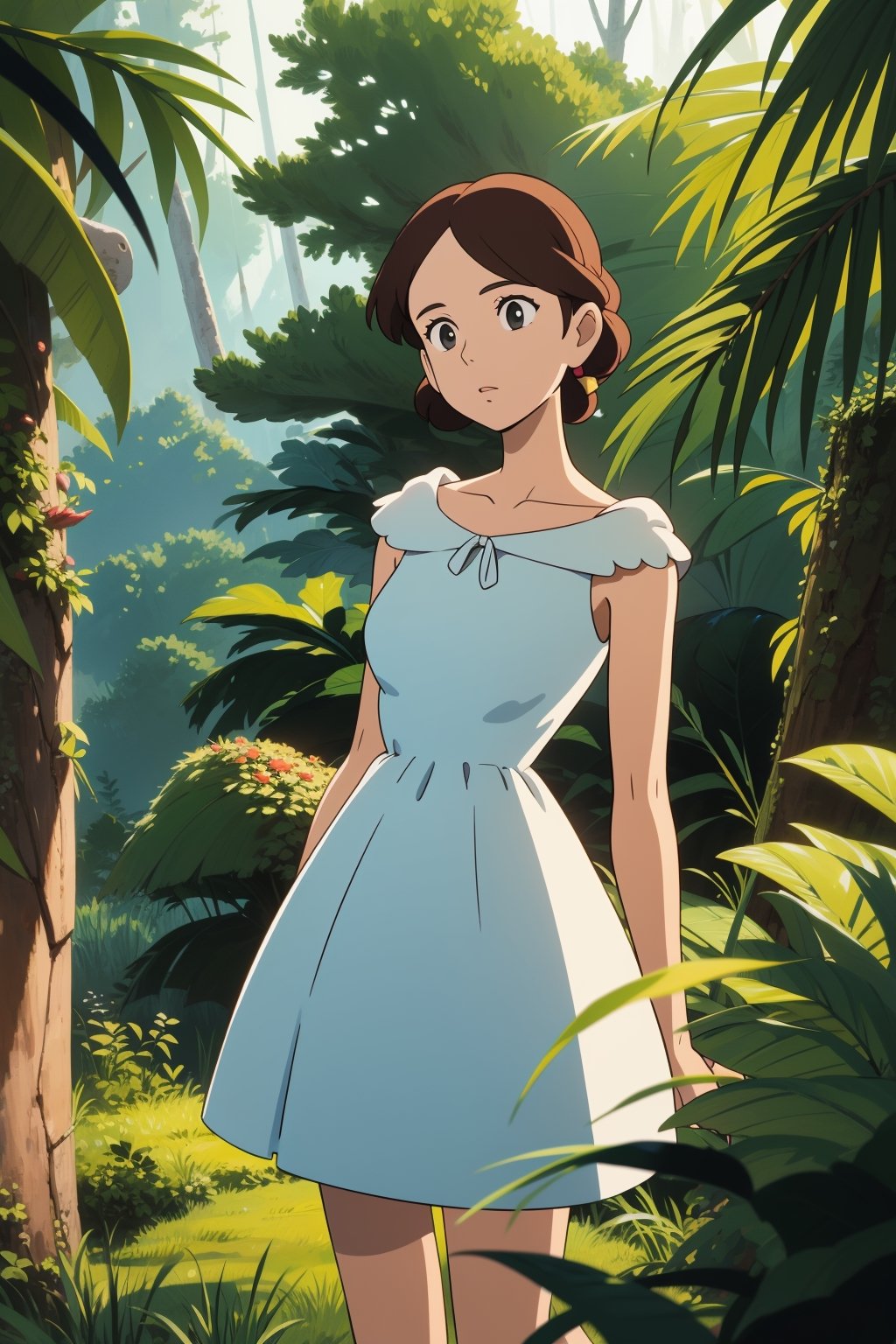 lady, blunt cut, backless dress , (masterpiece, best quality:1.6), ghibli, fall, The Amazon Rainforest, South America, snow