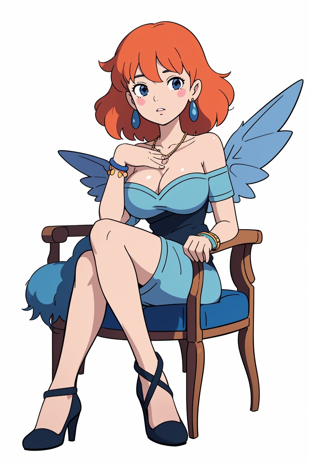 (masterpiece,best quality:1.6), sexy lady, large breast, cleavage, ghibli, bare shoulder, lips, (sticker design), winged footwear, Minas Tirith, earrings ,Pins,bracelets ,necklace , pixie