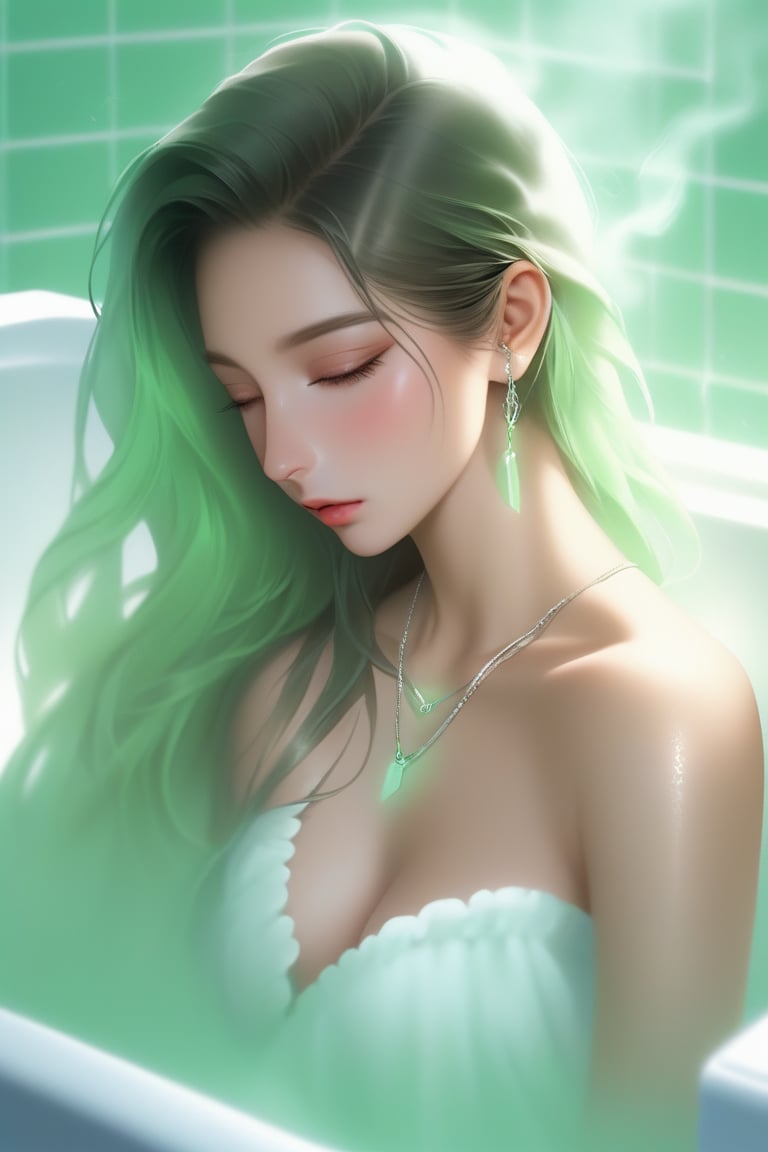 bare shoulder,sexy, cleavage,1 girl,portrait, long hair,simple background, (masterpiece,best quality),lips, spark ,niji style, towel,  necklace, realistic,in the bathroom, steamy, steam , sad,Mint green gradient background