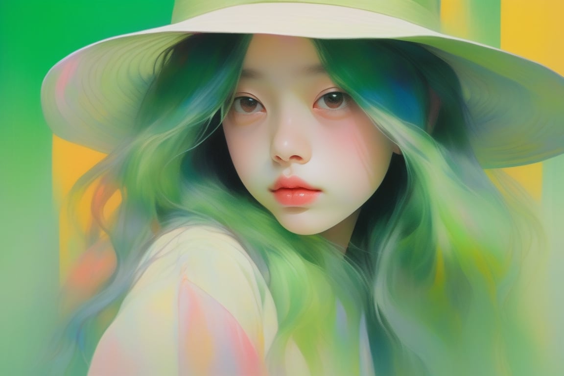 acrylic ,realistic ,(childen girl ),portrait,lip, panama hat,Palace, Shanghai,Colorful gradient background, deep green hair,Long hair, Distorted , (masterpiece,best quality,niji style)