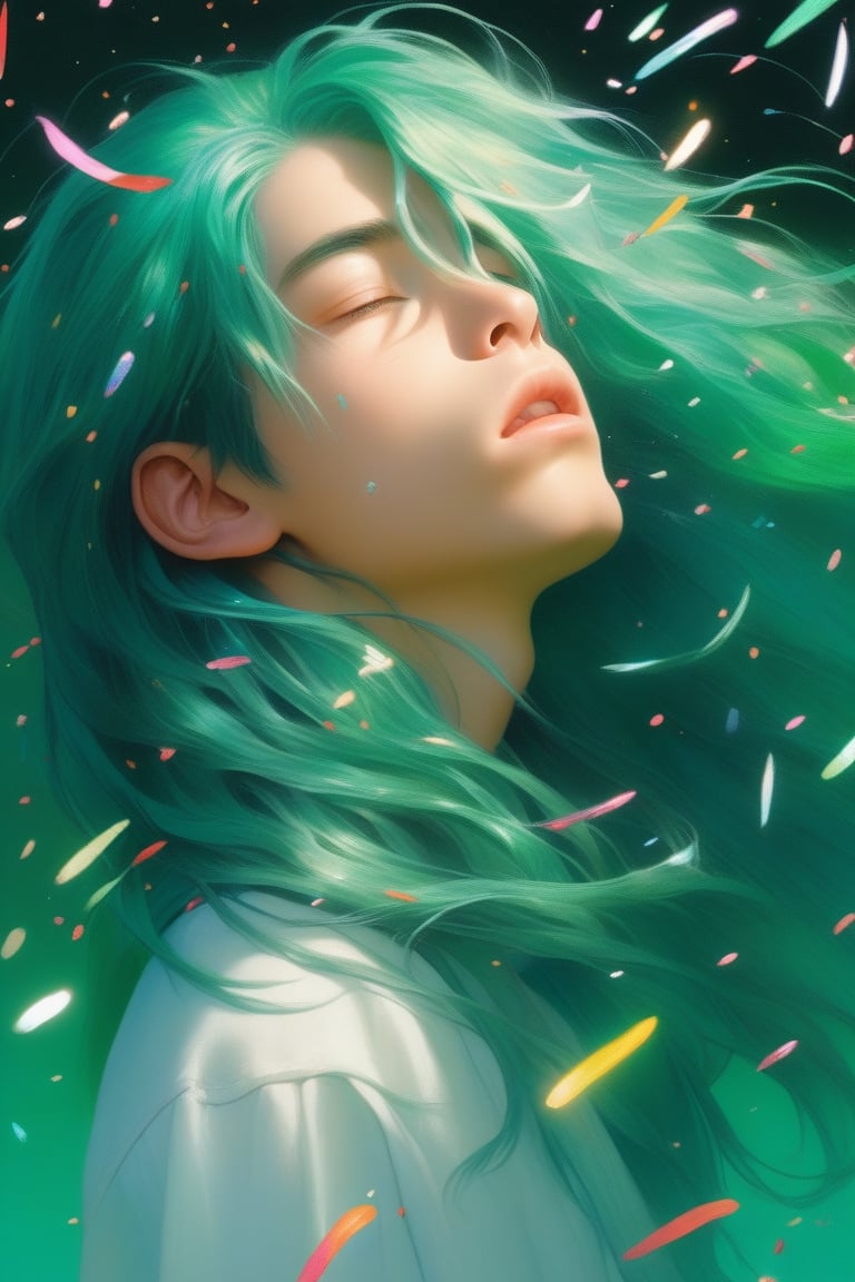 (realistic:1.1),oil color,ghibli ,(childen boy ),,lip, magicpunk,sprinkles, deep green gradient background, Teal hair,Long hair, Enigmatic ,actor ,Jessica Rossier,, (masterpiece,best quality,niji style)